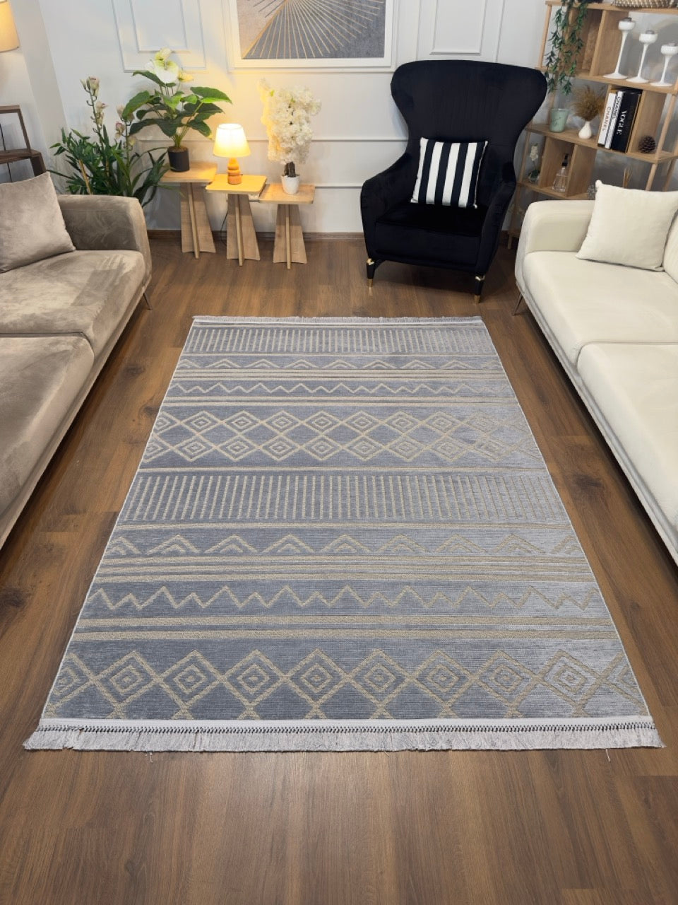 ŞÖNİL KAPADOKYA Kaymaz Taban İskandinav Desenli Salon Koridor Mutfak Şönil Kilim Dokuma Halı-GRİ