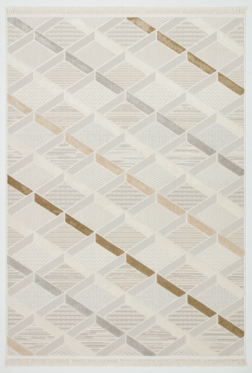 İCON T-PE01-KREM Kabartmalı Modern Geometrik Desenli Salon Halısı