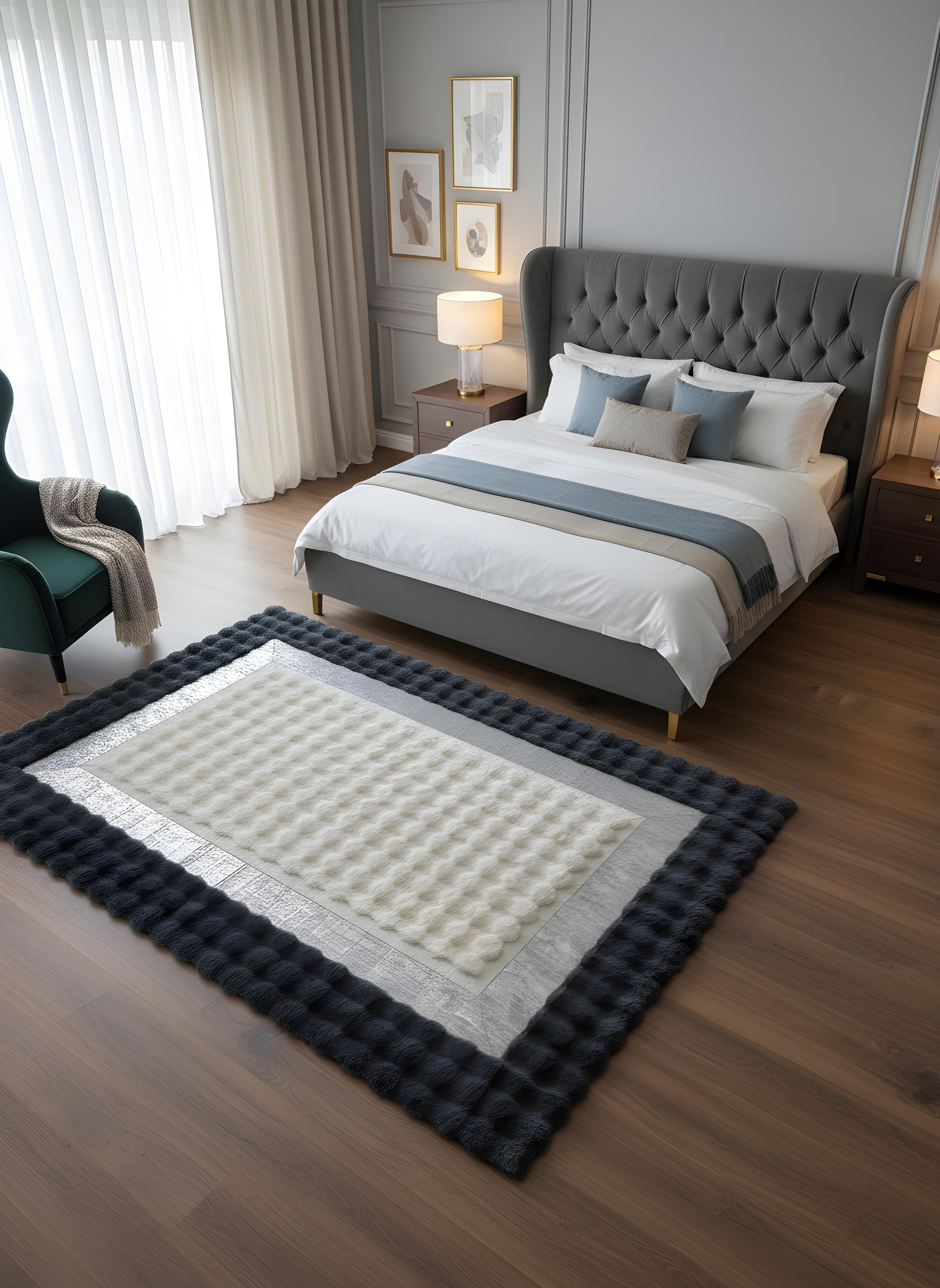 Royal Serisi Elise - El İşçiliği ile Tavşan Post ve Varaklı Deri Dekoratif Halı