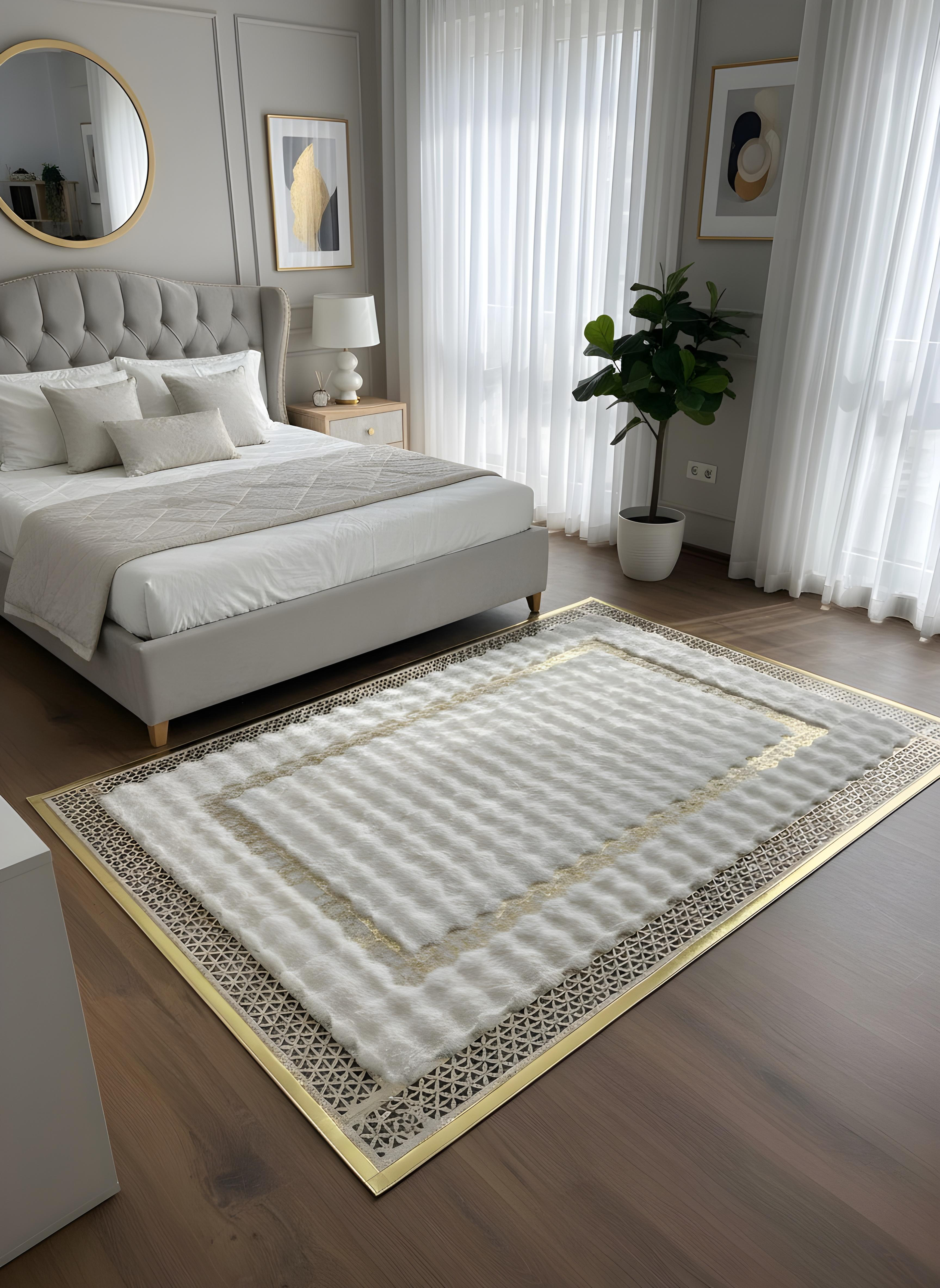 Royal Serisi Elmas - El İşçiliği ile Tavşan Post ve Varaklı Deri Dekoratif Halı