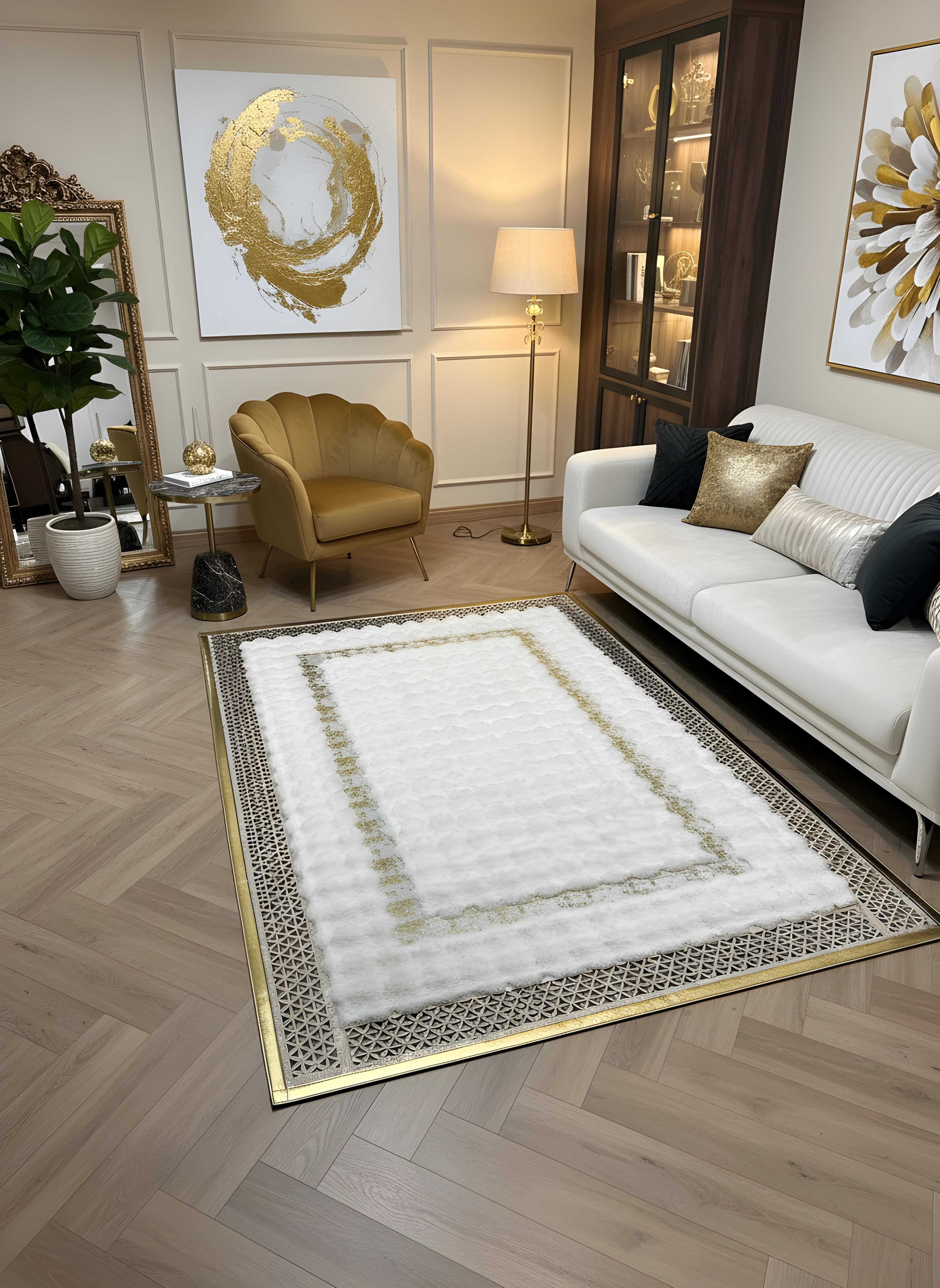 Royal Serisi Elmas - El İşçiliği ile Tavşan Post ve Varaklı Deri Dekoratif Halı