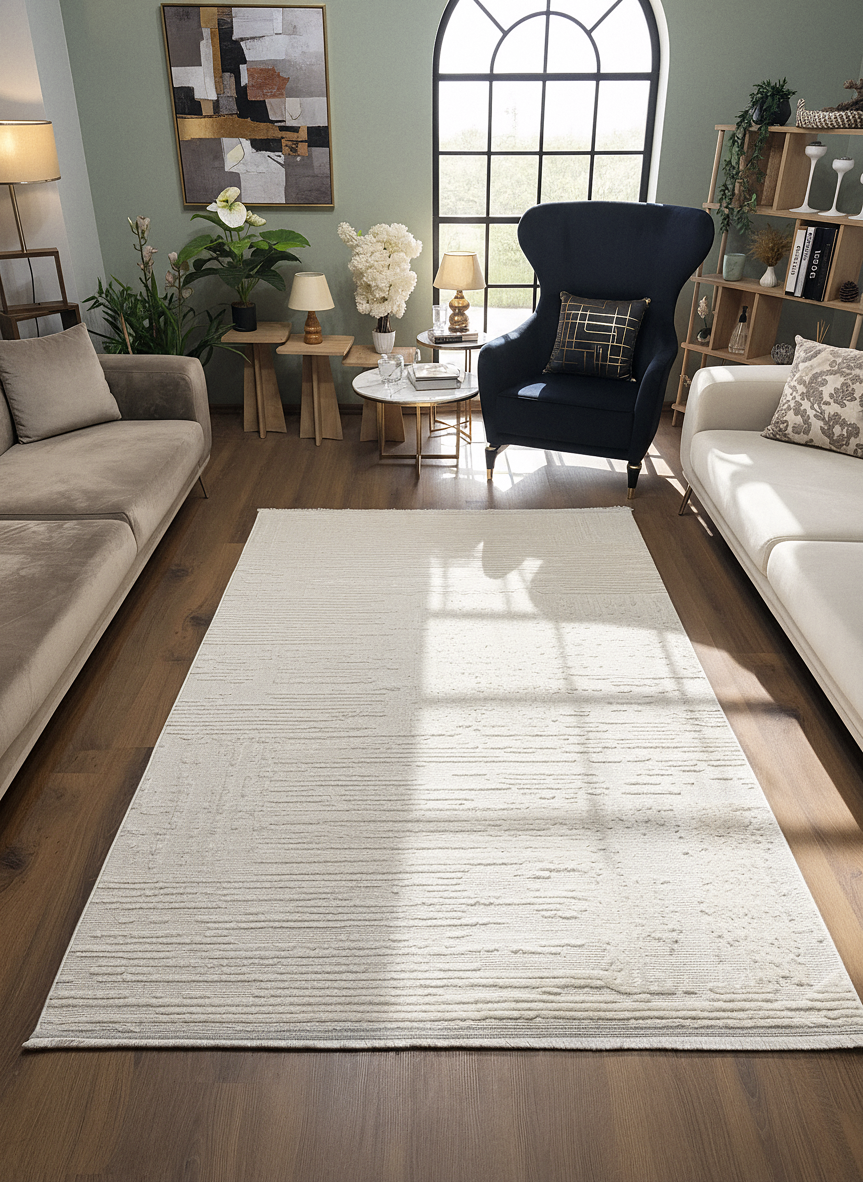 İCON A-5307 KREM Modern Geometrik Desenli Salon Koridor Mutfak Halısı