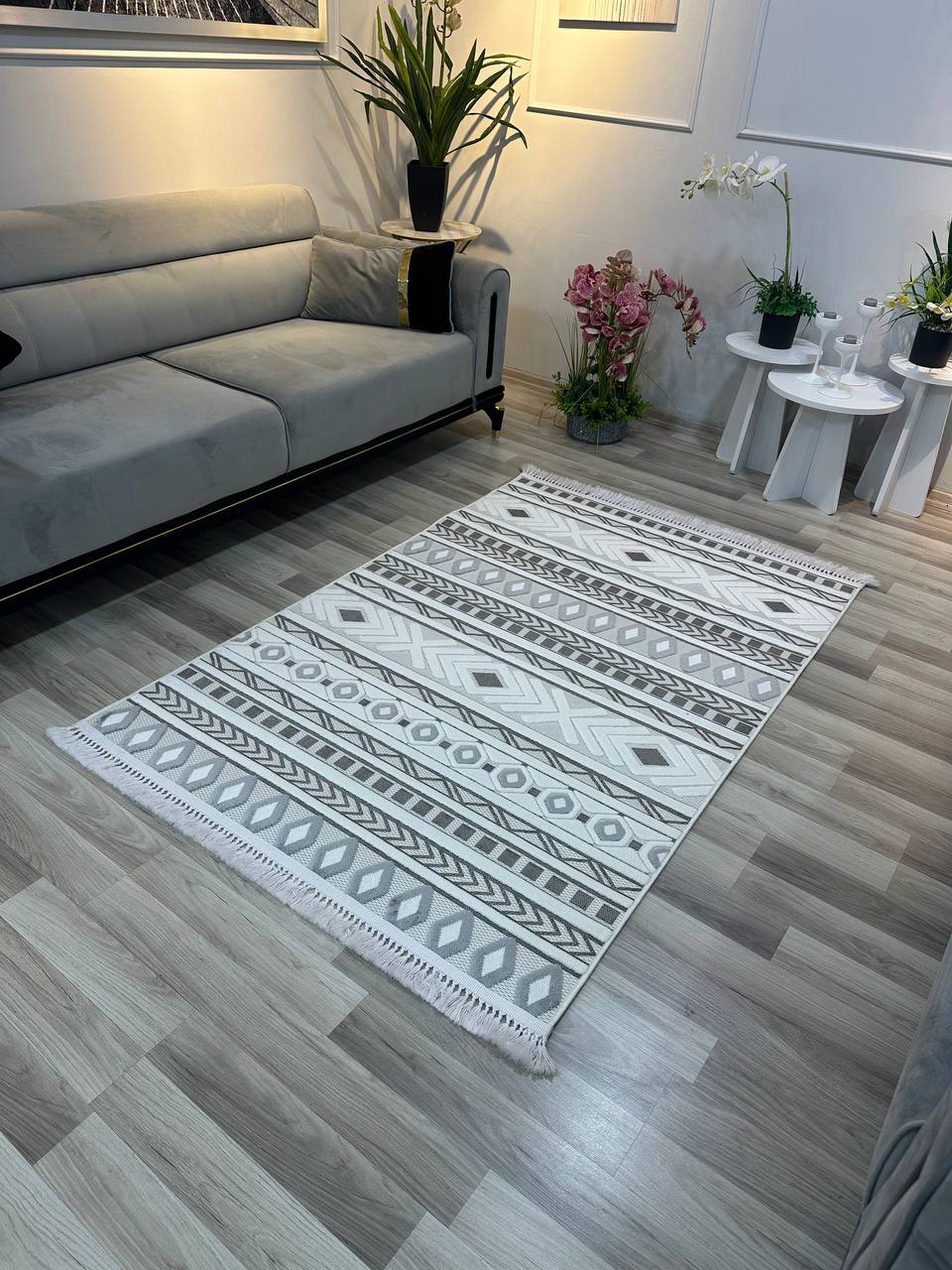 ARYA 5030-G-GRİ BEYAZ Geometrik Desenli Dokuma Salon Koridor Mutfak Halısı-KP