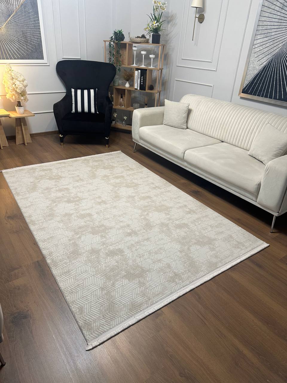 MİLANO KP-115 BEJ KREM Modern Çerçeve Desenli Yumuşak Salon Koridor Mutfak Makine Dokuma Halısı-KP