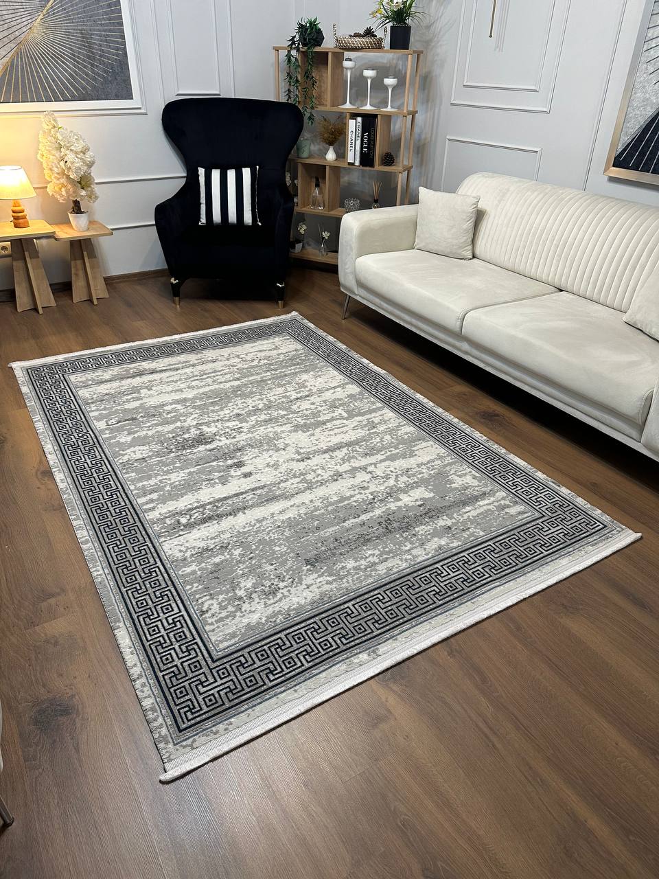 MİLANO KP-119 GRİ Modern Çerçeve Desenli Yumuşak Salon Koridor Mutfak Makine Dokuma Halısı-KP