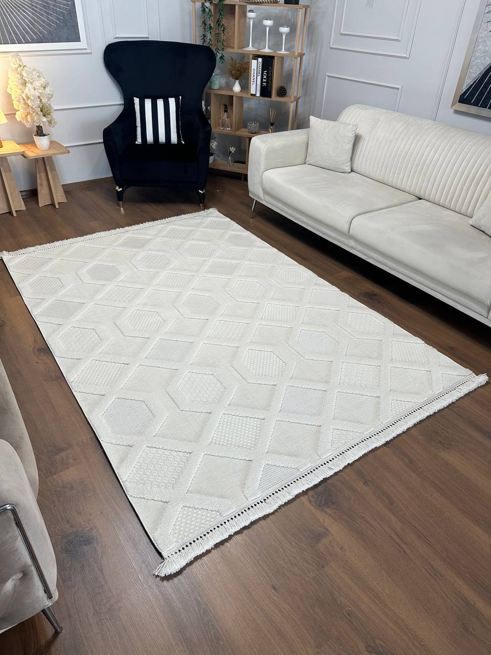 PALERMO KP-142 KREM Kabartmalı Modern Desenli Salon Halısı-KP