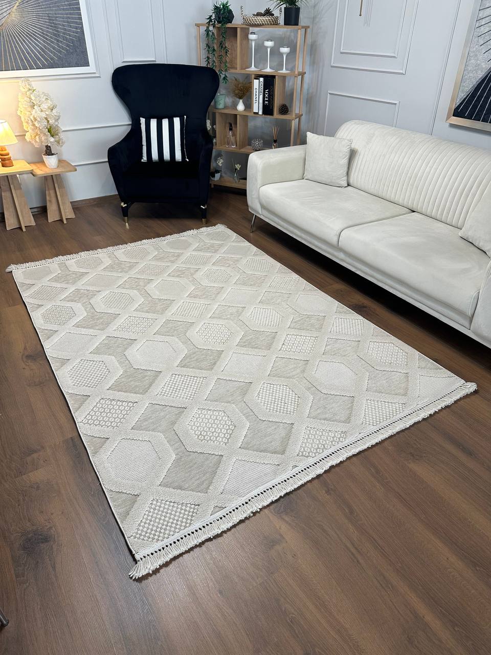PALERMO KP-143 BEJ Modern Geometrik Desenli Salon Mutfak Koridor Halısı-KP