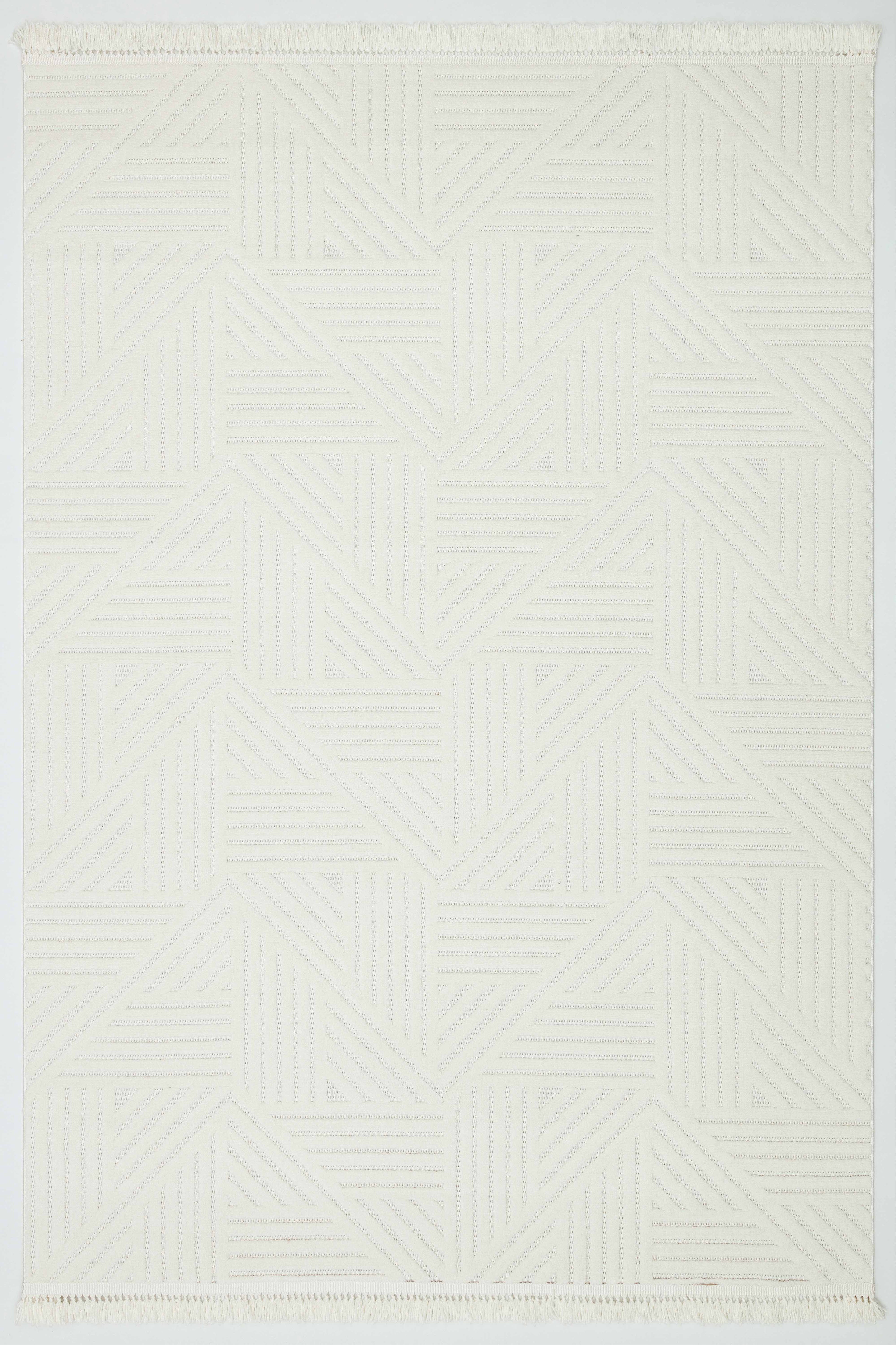 MİLAS C12-KREM Kabartmalı Modern Geometrik Desenli Salon Koridor Mutfak Halısı