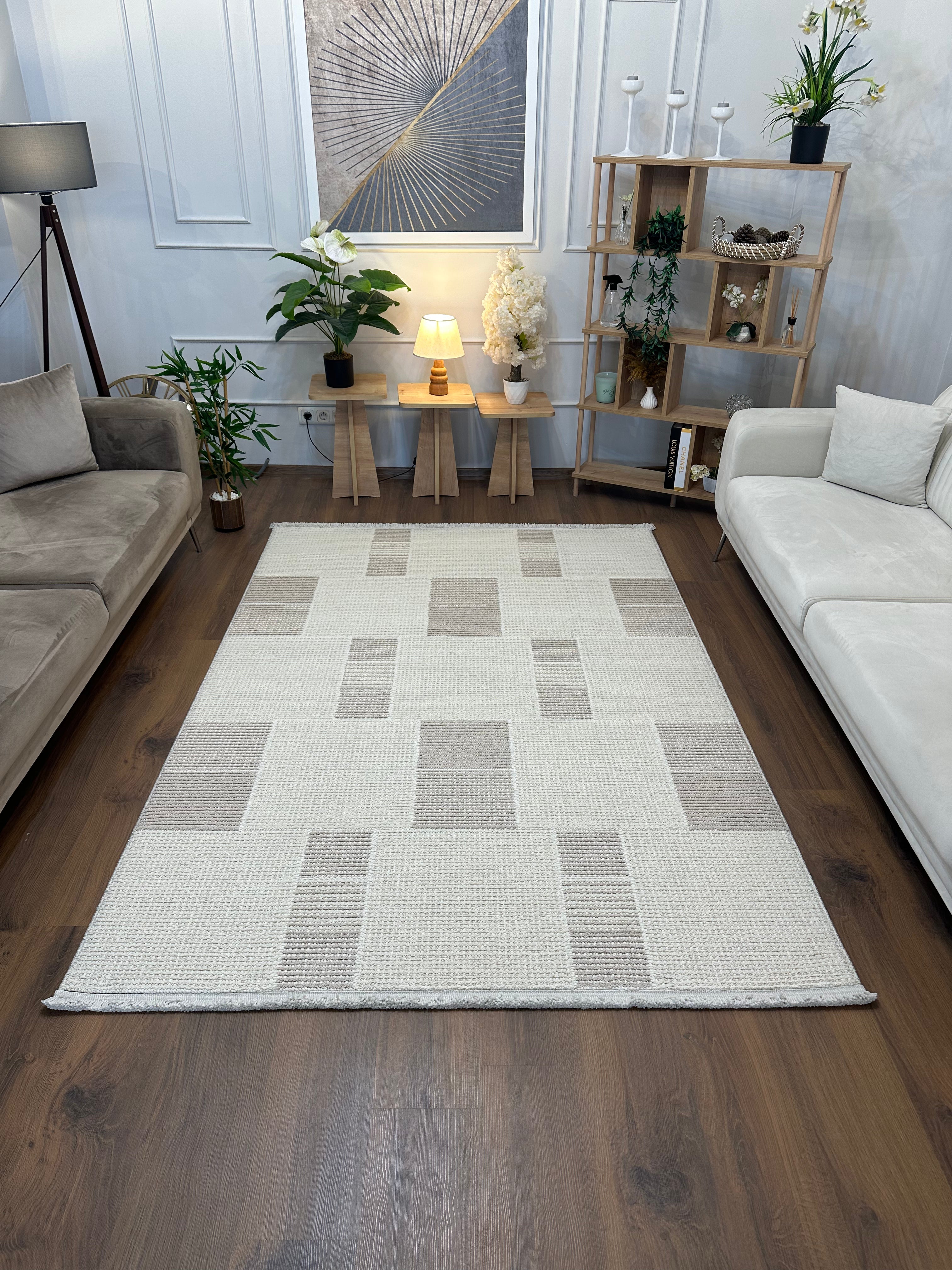 PALERMO P-URN608 KREM VİZON Kabartmalı Modern Desenli Salon Halısı