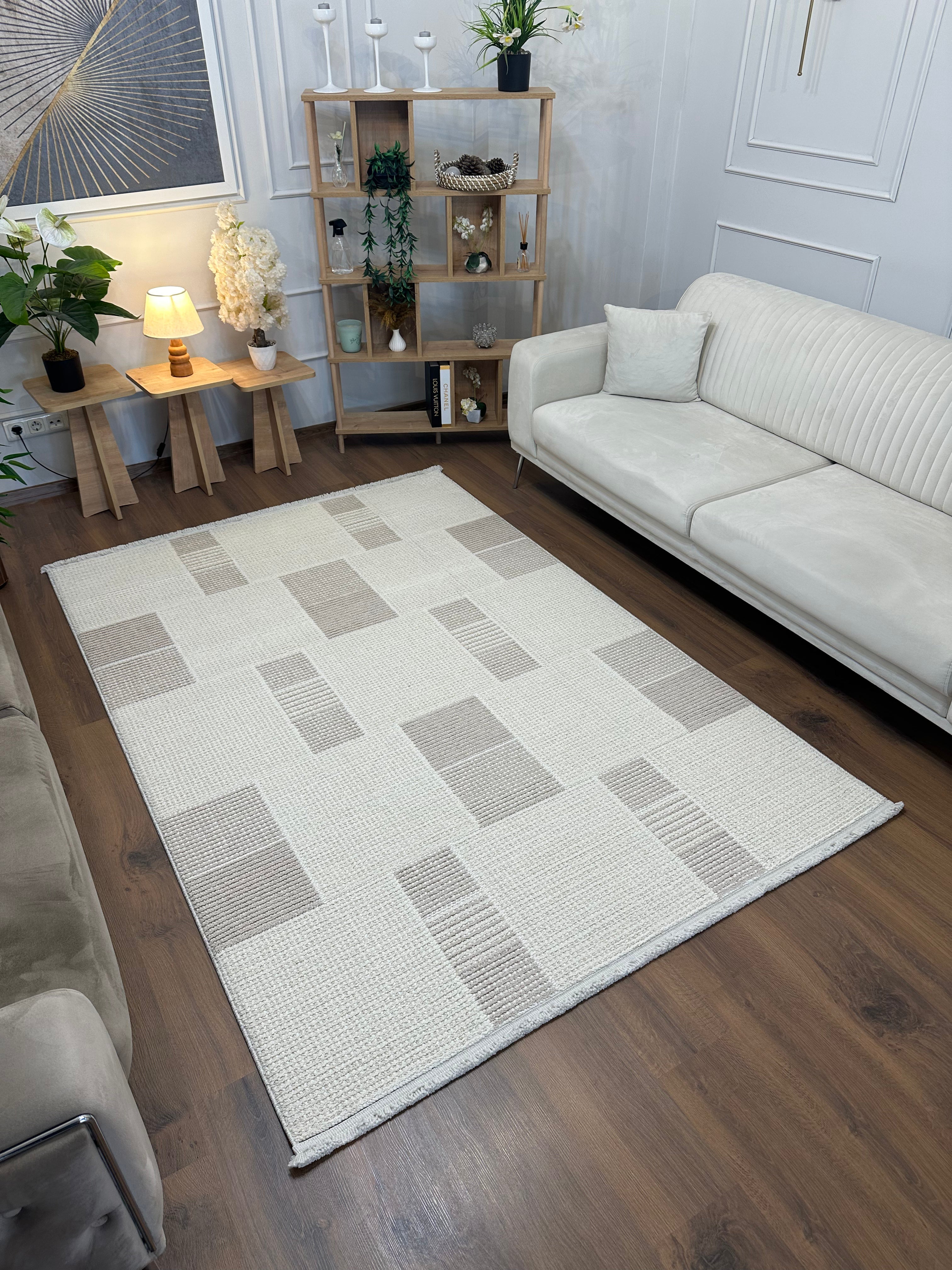 PALERMO P-URN608 KREM VİZON Kabartmalı Modern Desenli Salon Halısı