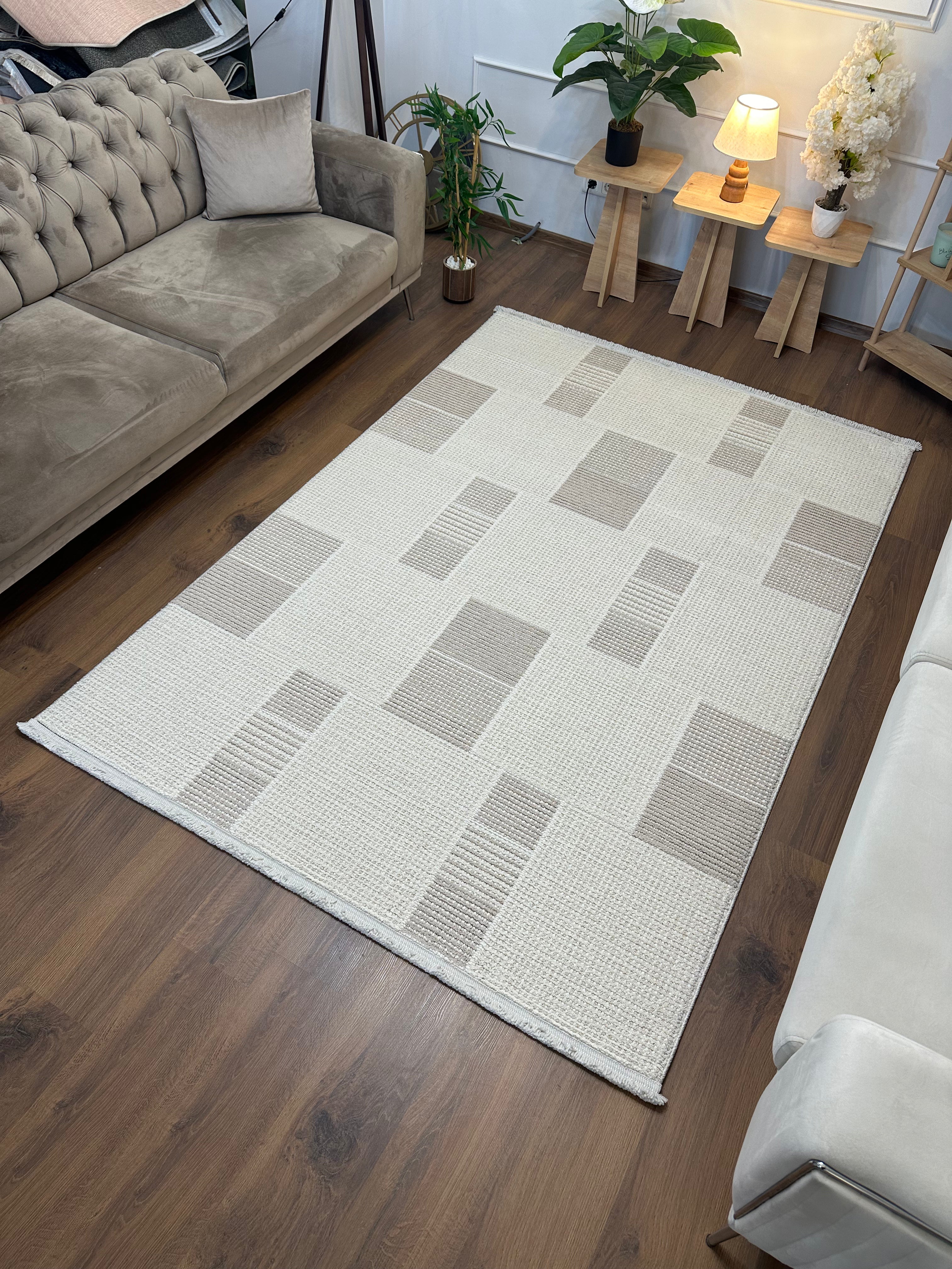 PALERMO P-URN608 KREM VİZON Kabartmalı Modern Desenli Salon Halısı