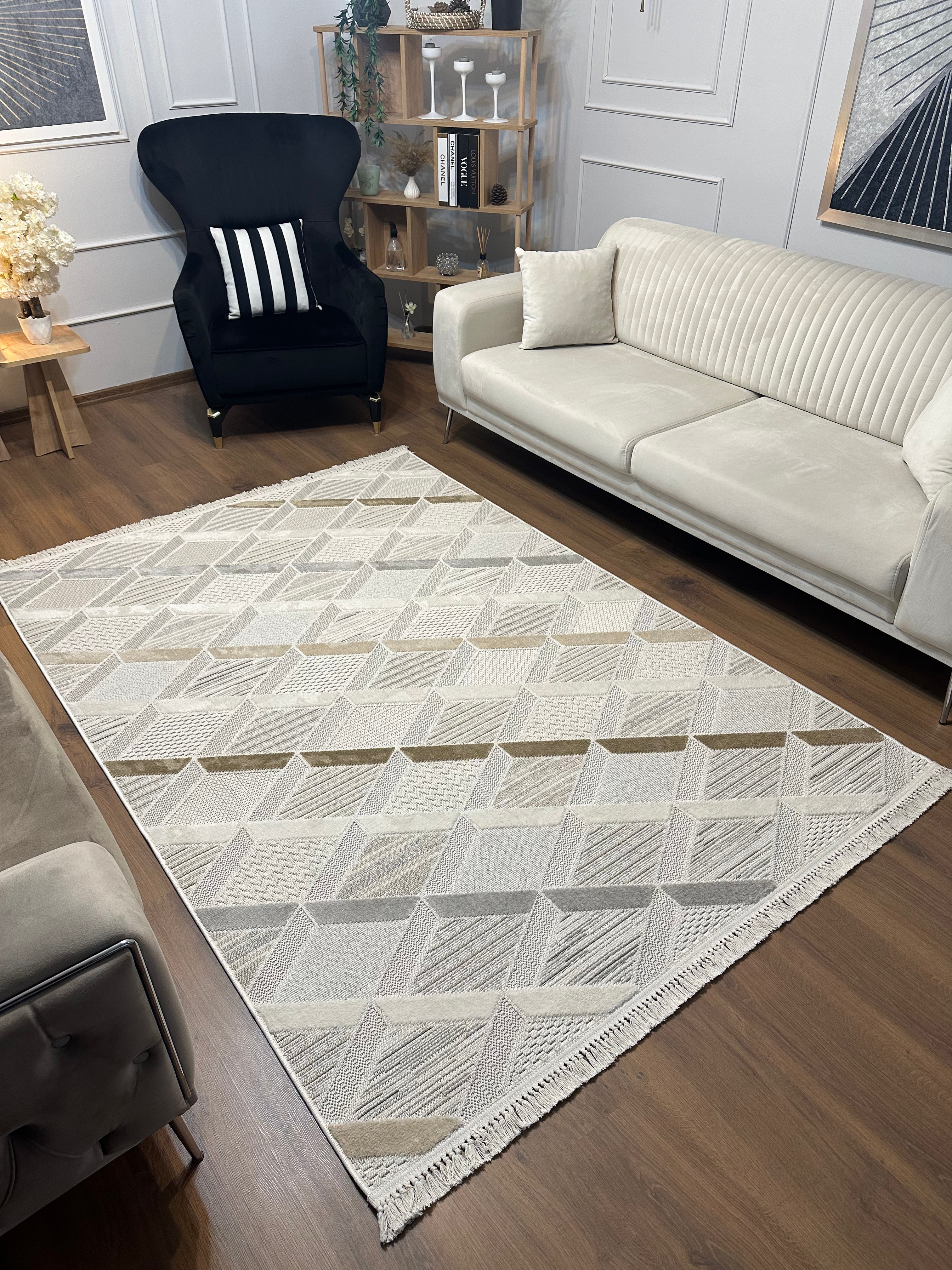 İCON T-PE01-KREM Kabartmalı Modern Geometrik Desenli Salon Halısı