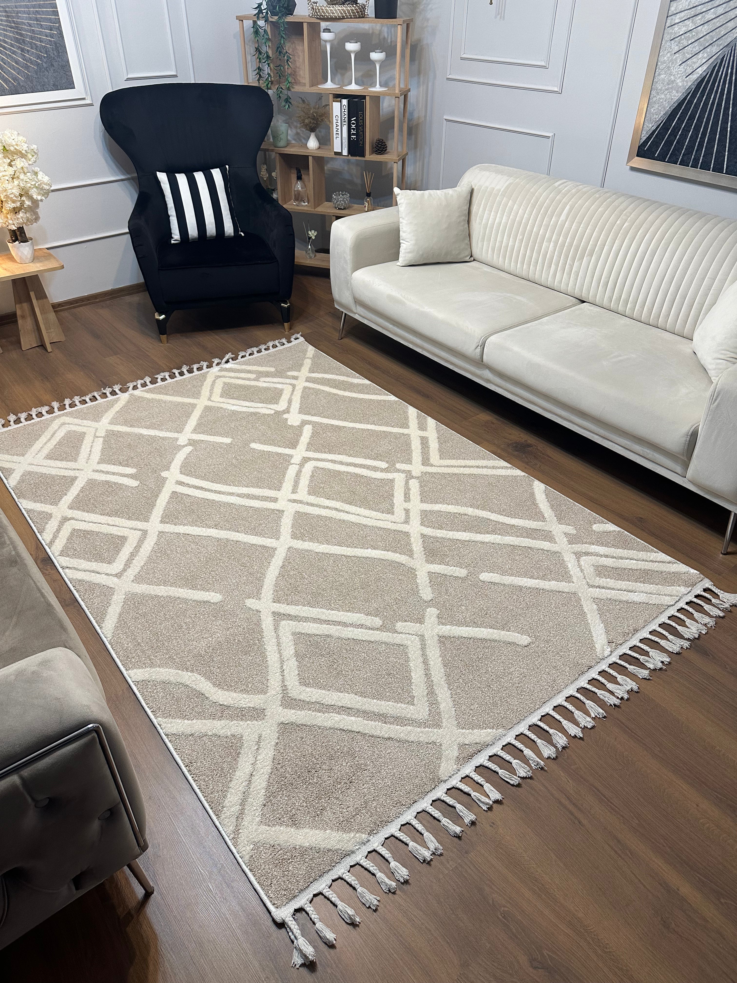 PALERMO A-11891 BEJ Sık Dokuma Modern Geometrik Desenli Salon Koridor Mutfak Halısı