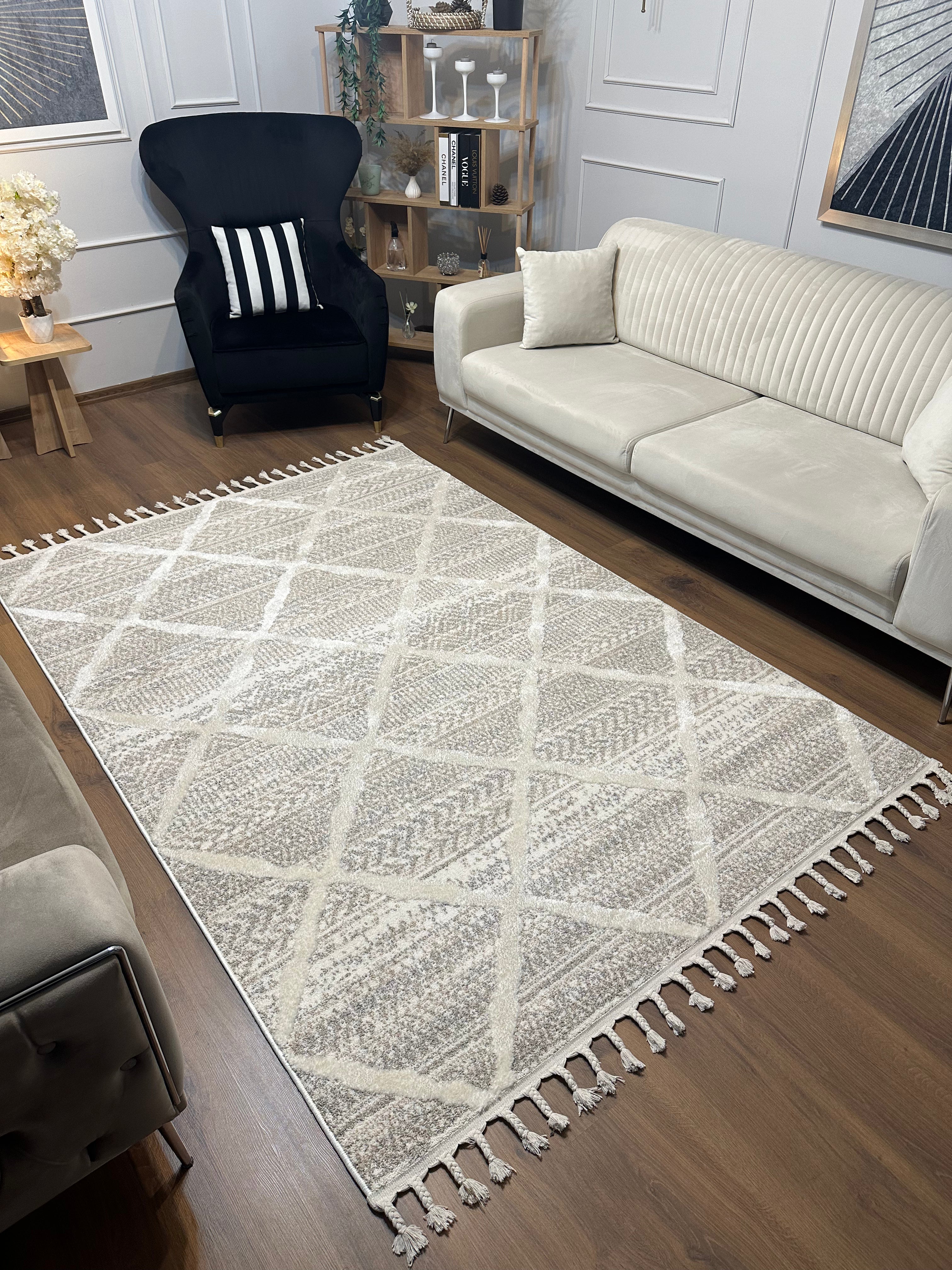 PALERMO A-10692 KREM KSık Dokuma Modern Geometrik Desenli Salon Koridor Mutfak Halısı