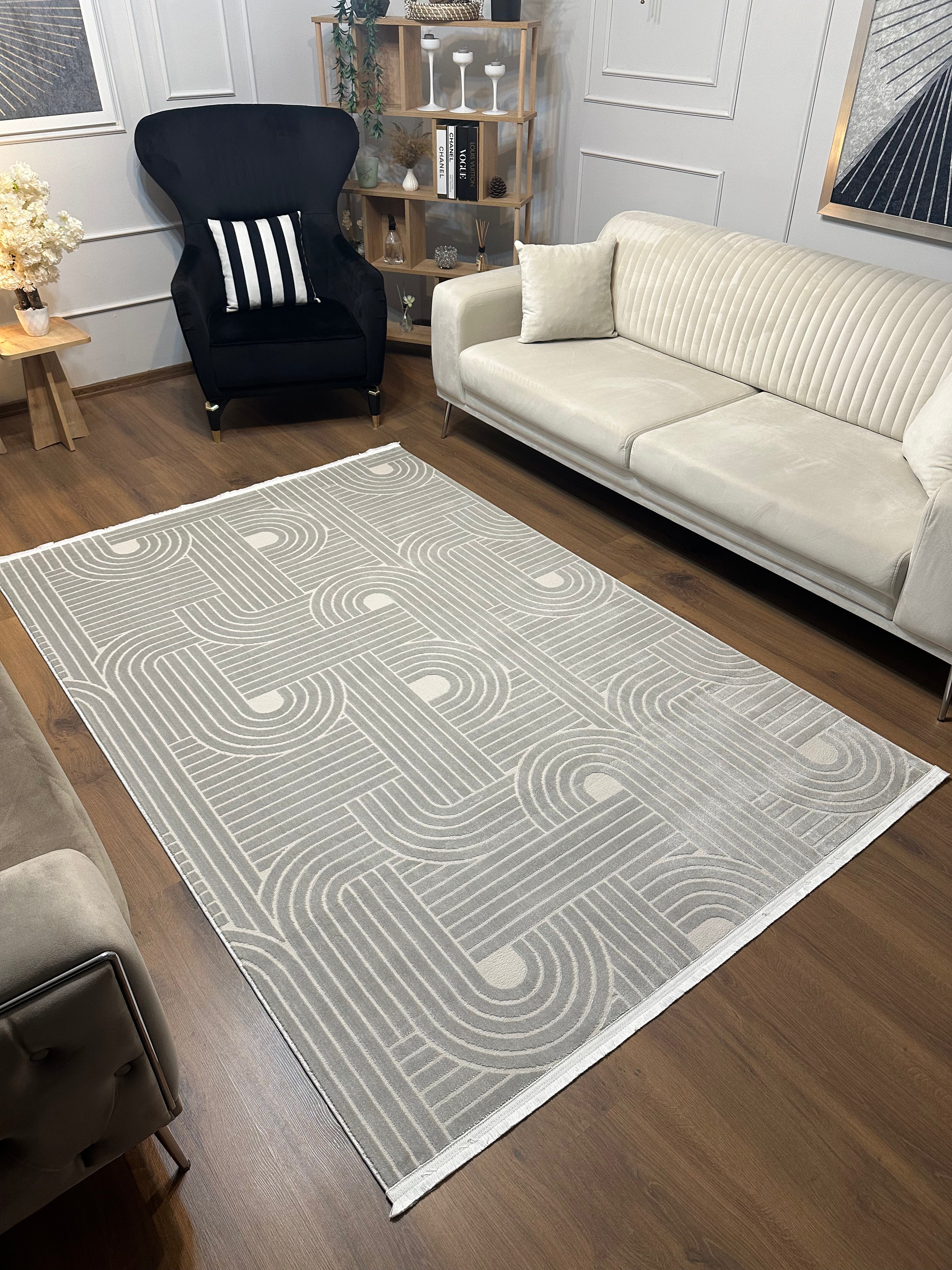 SÜMER A-2012 GRİ Kaymaz Taban Sentetik Bambu Geometrik Desenli Parlak Saten Salon Koridor Mutfak Halısı