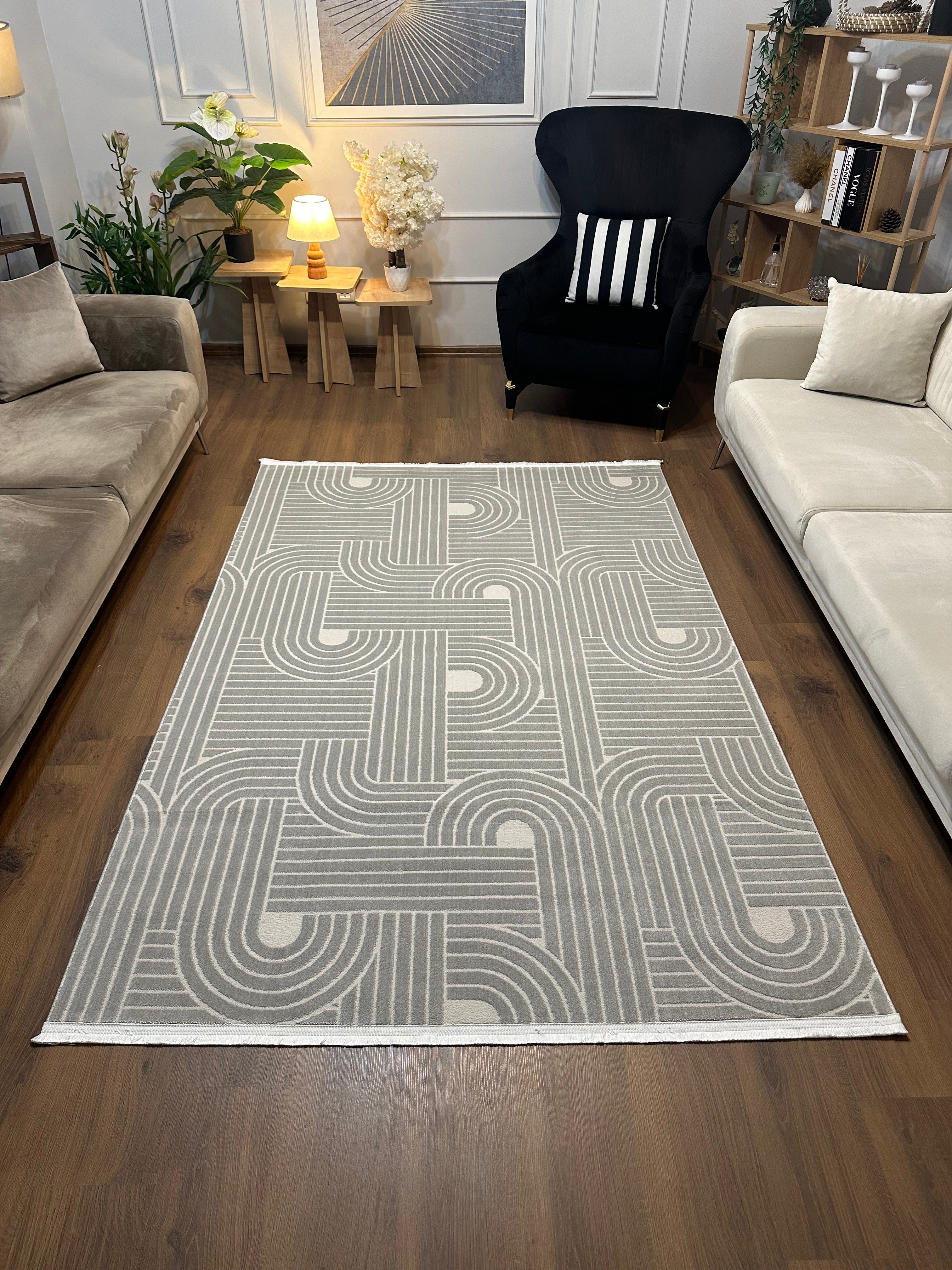 SÜMER A-2012 GRİ Kaymaz Taban Sentetik Bambu Geometrik Desenli Parlak Saten Salon Koridor Mutfak Halısı