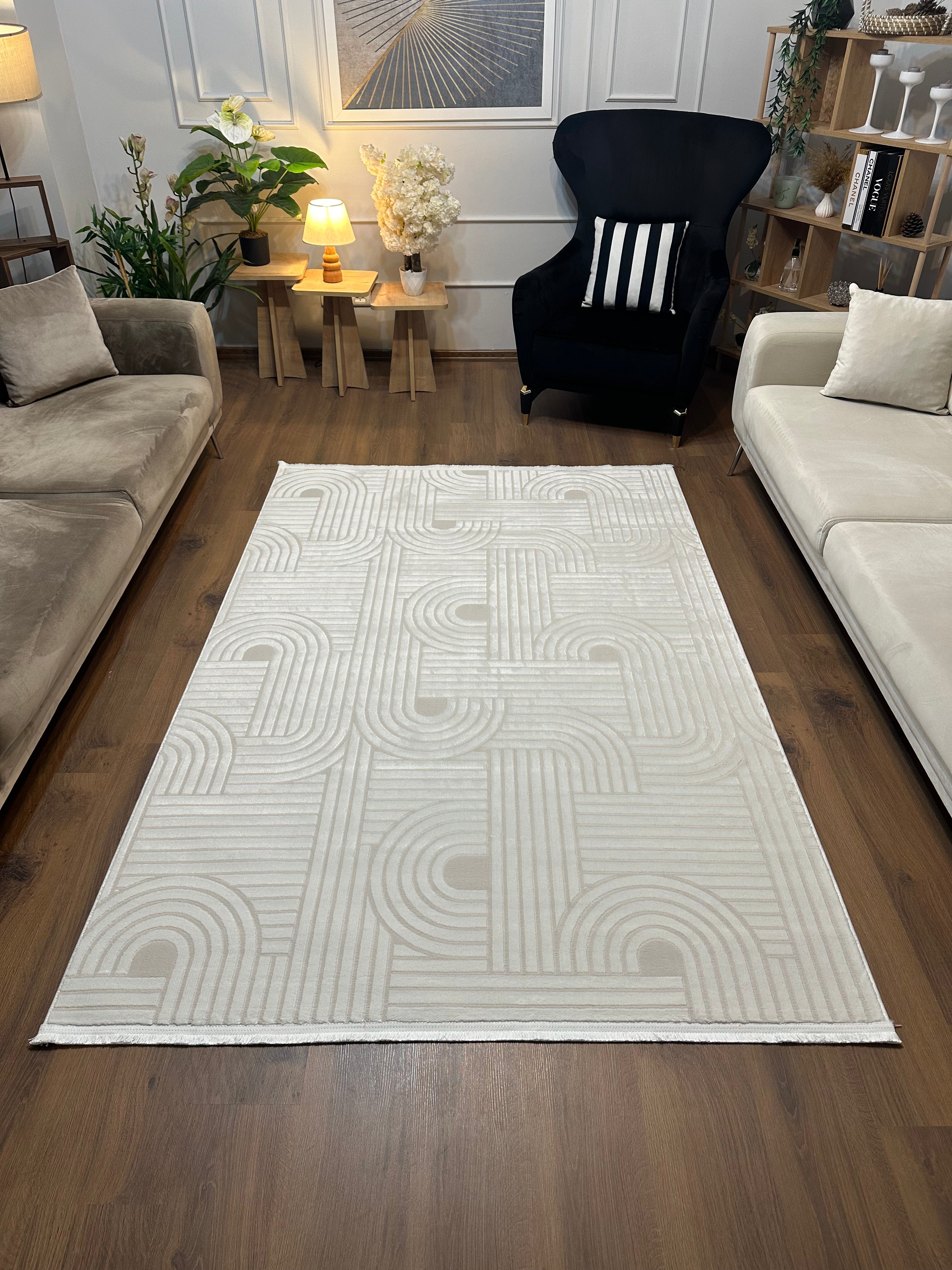 SÜMER A-2012 KREM Kaymaz Taban Sentetik Bambu Geometrik Desenli Parlak Saten Salon Koridor Mutfak Halısı