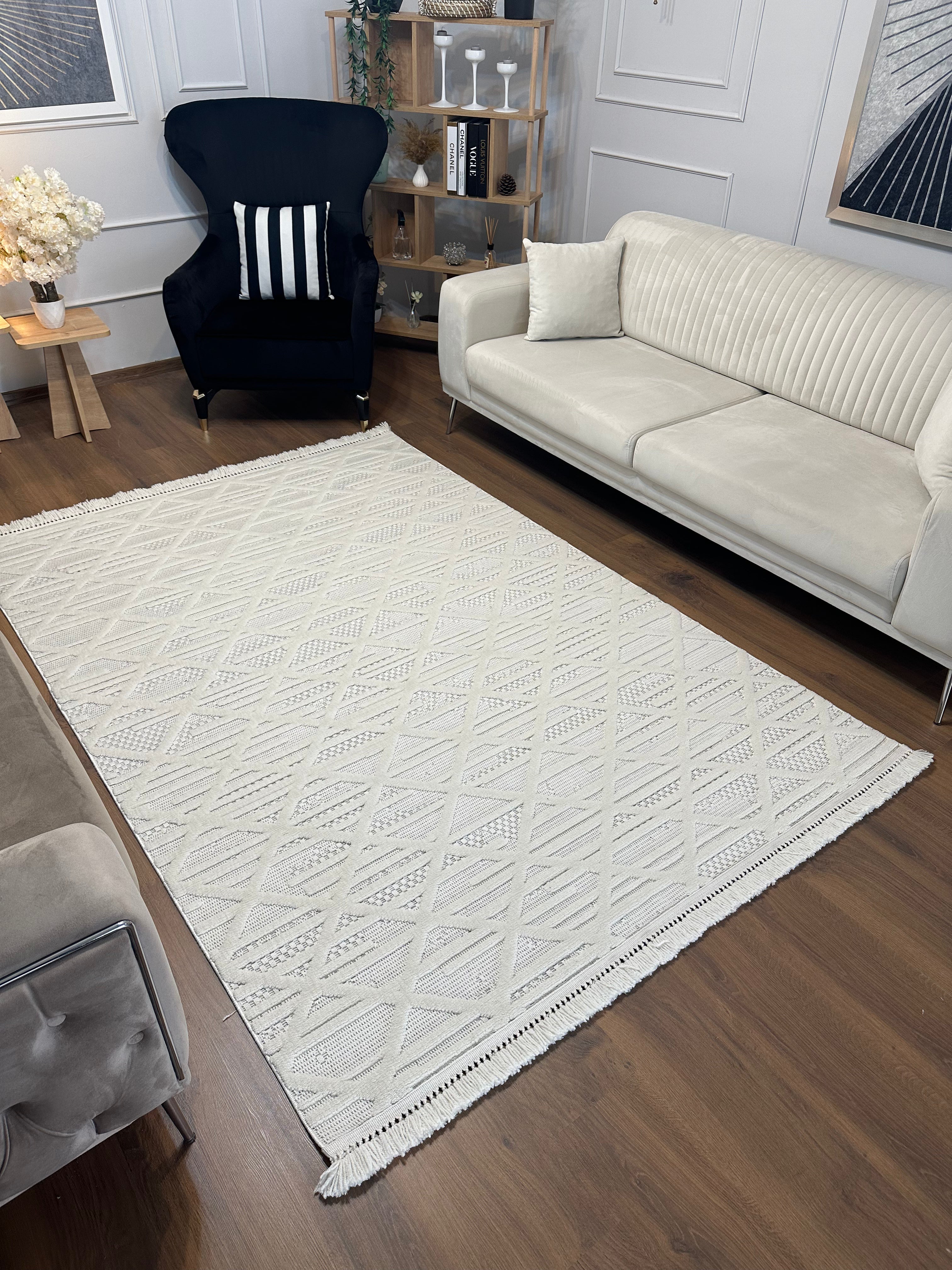 MİLAS C6-BEYAZ Kabartmalı Modern Geometrik Desenli Salon Koridor Mutfak Halısı