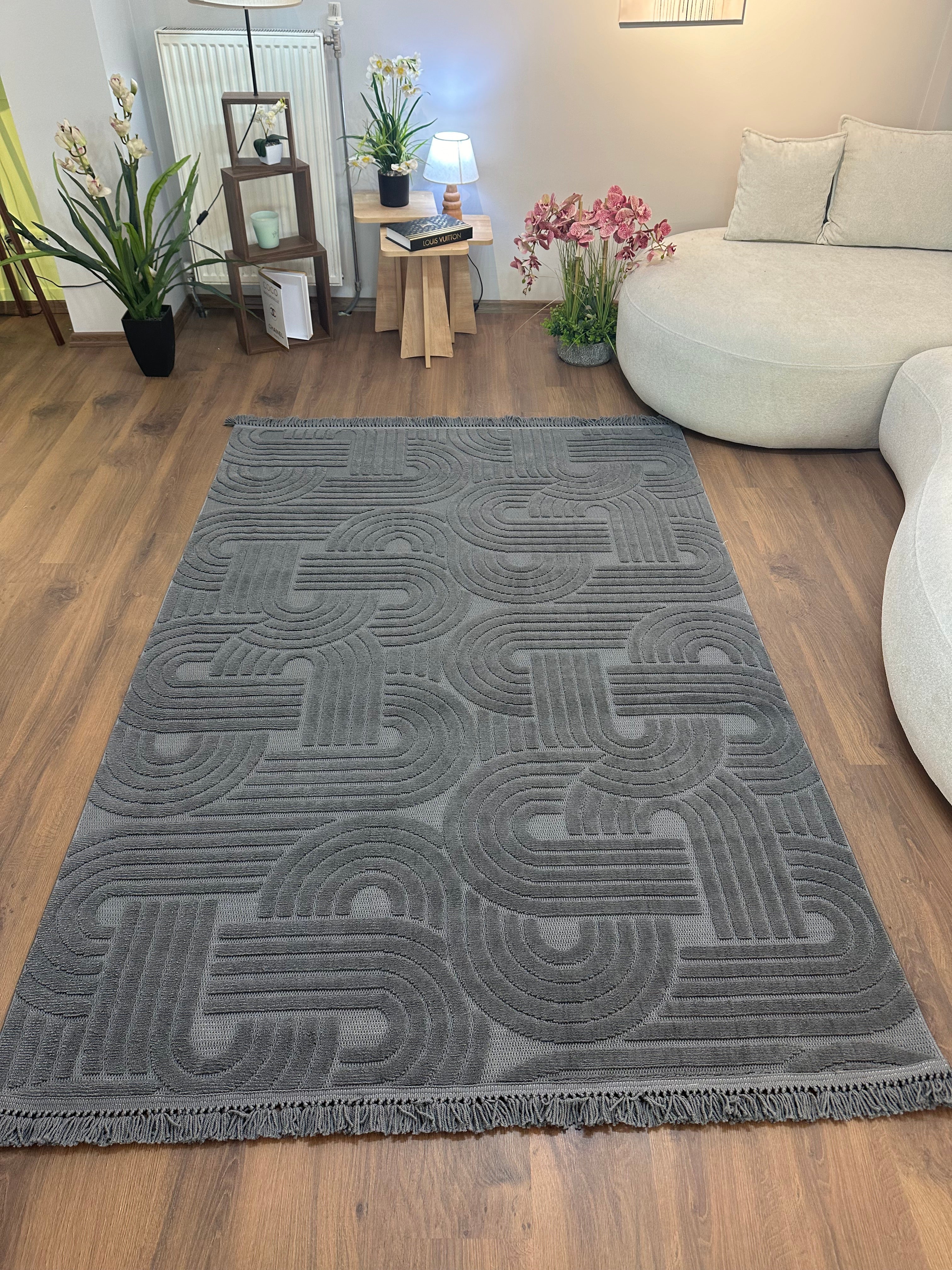 MİLAS C16-ANTRASİT Kabartmalı Modern Geometrik Desenli Salon Koridor Mutfak Halısı