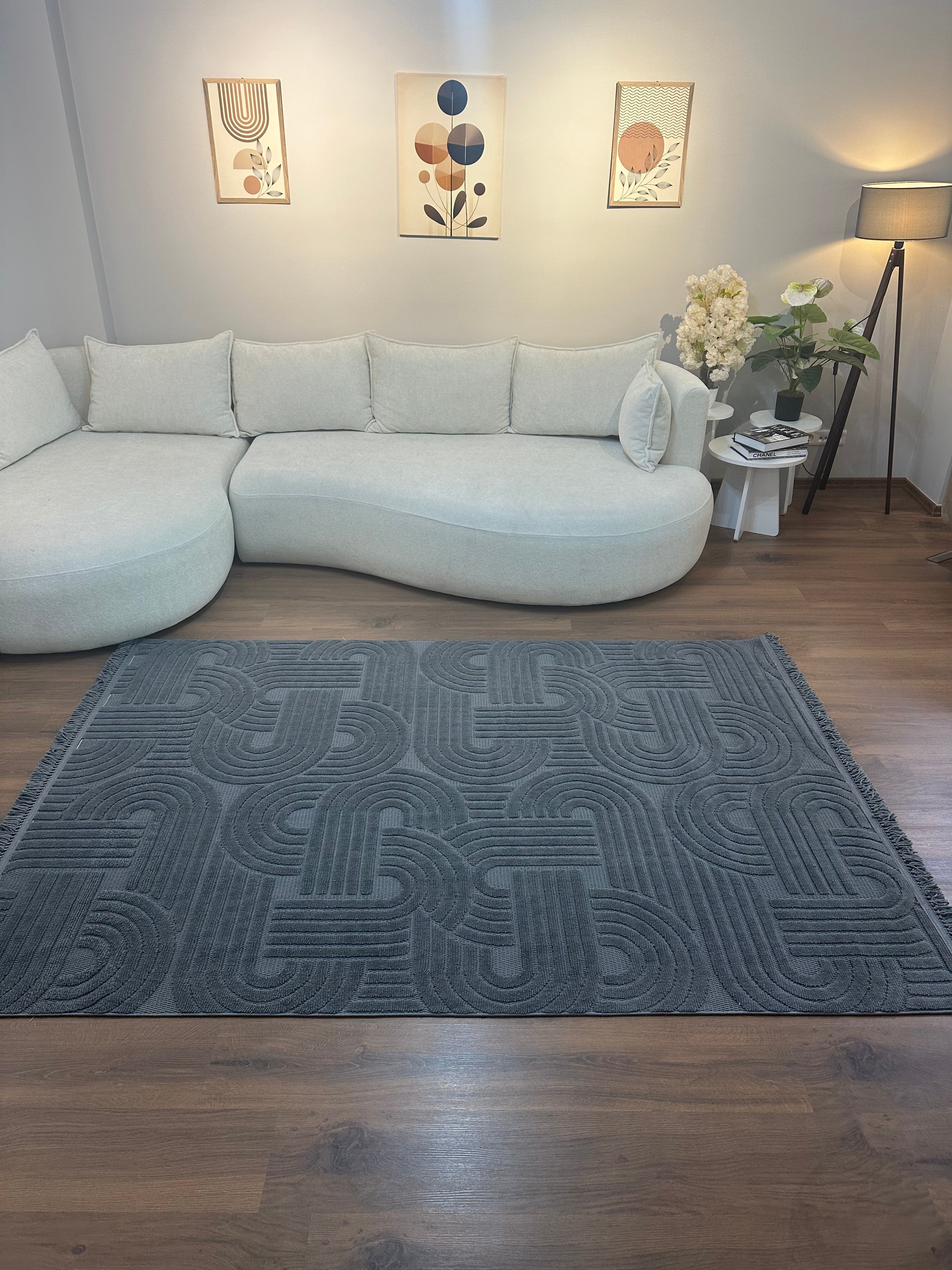 MİLAS C16-ANTRASİT Kabartmalı Modern Geometrik Desenli Salon Koridor Mutfak Halısı
