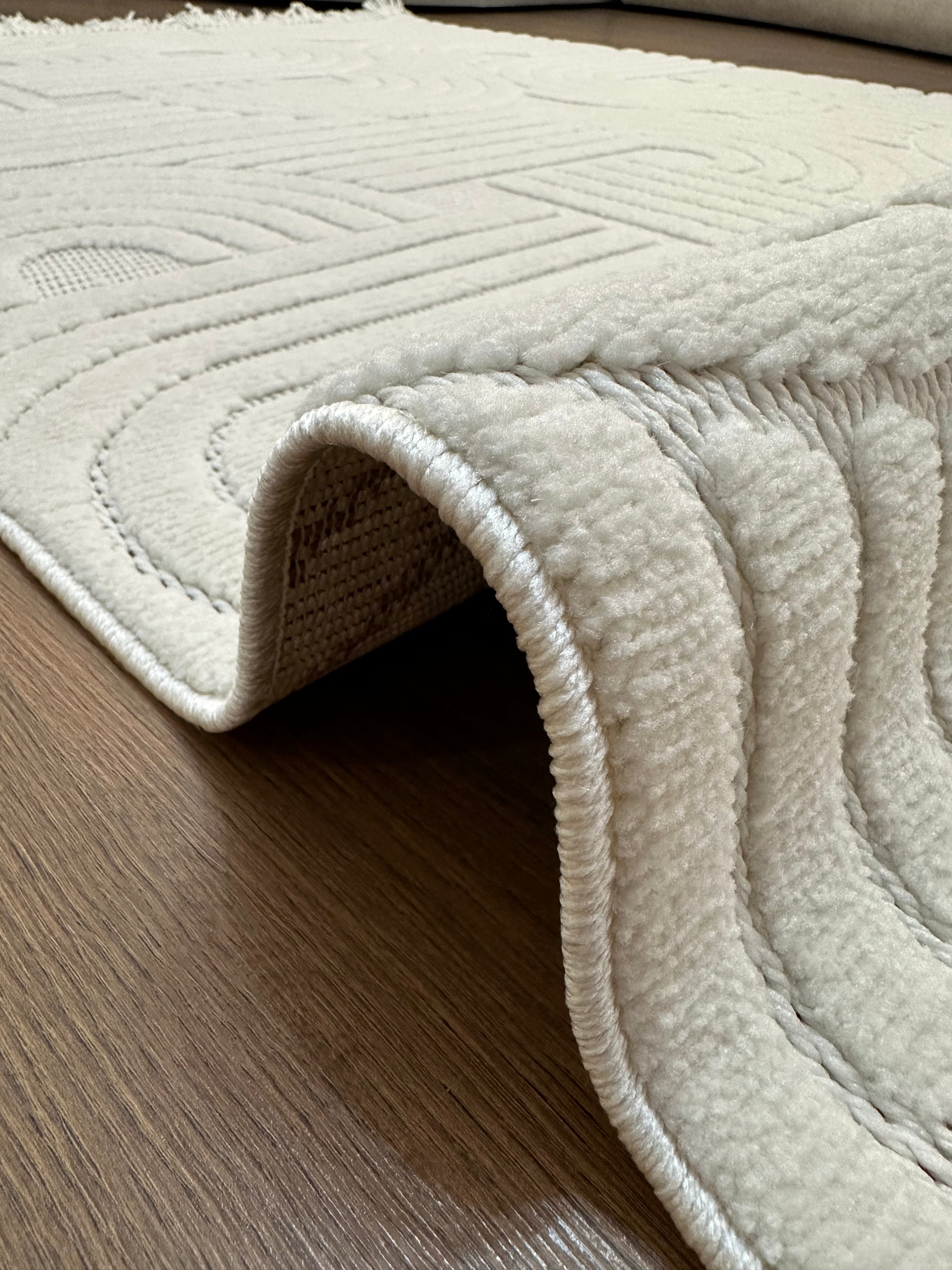 MİLAS C40 KREM Kabartmalı Kaymaz Taban Modern Geometrik Desenli Salon Koridor Mutfak Halısı-KP