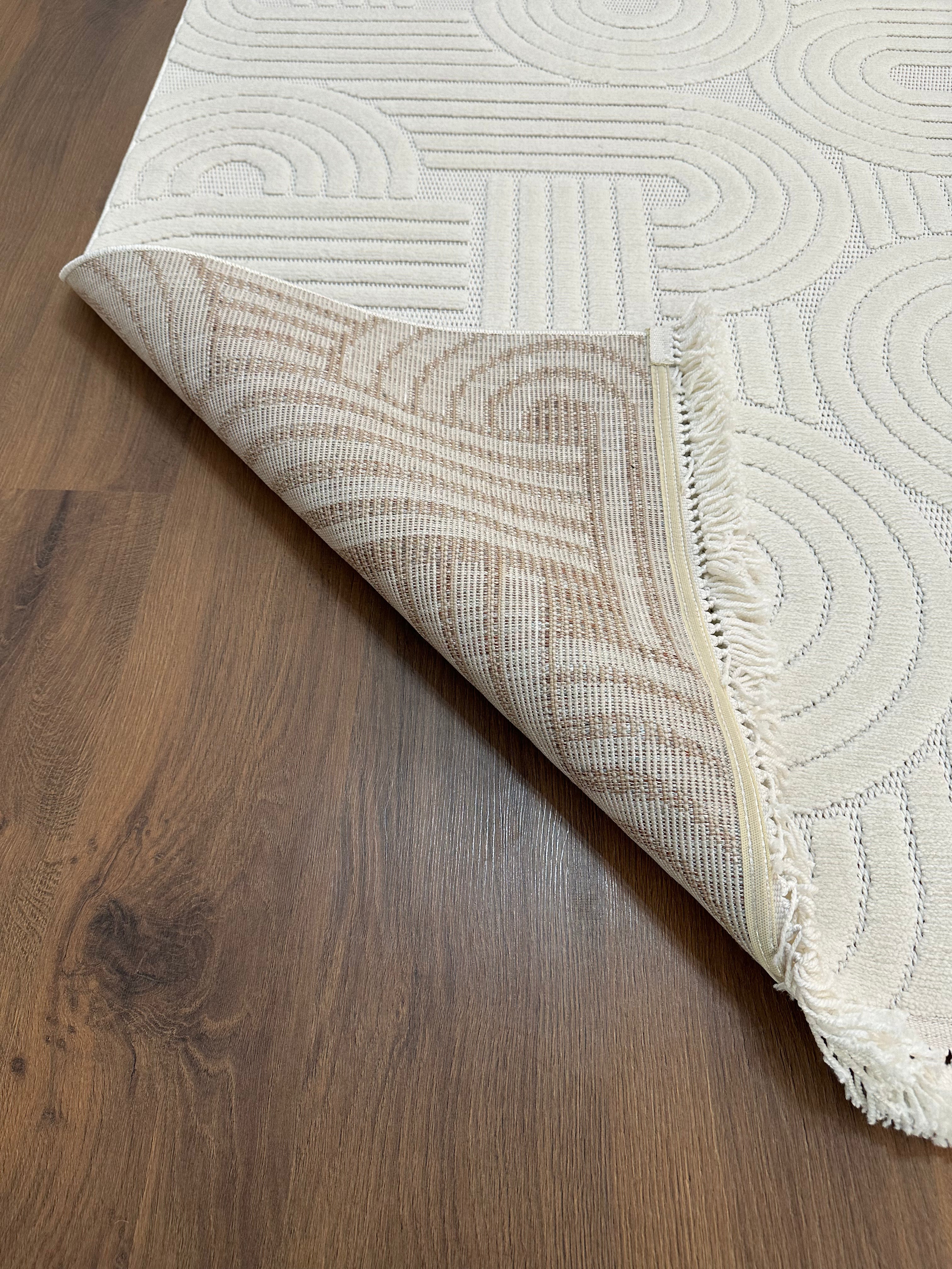 MİLAS C40 KREM Kabartmalı Kaymaz Taban Modern Geometrik Desenli Salon Koridor Mutfak Halısı-KP