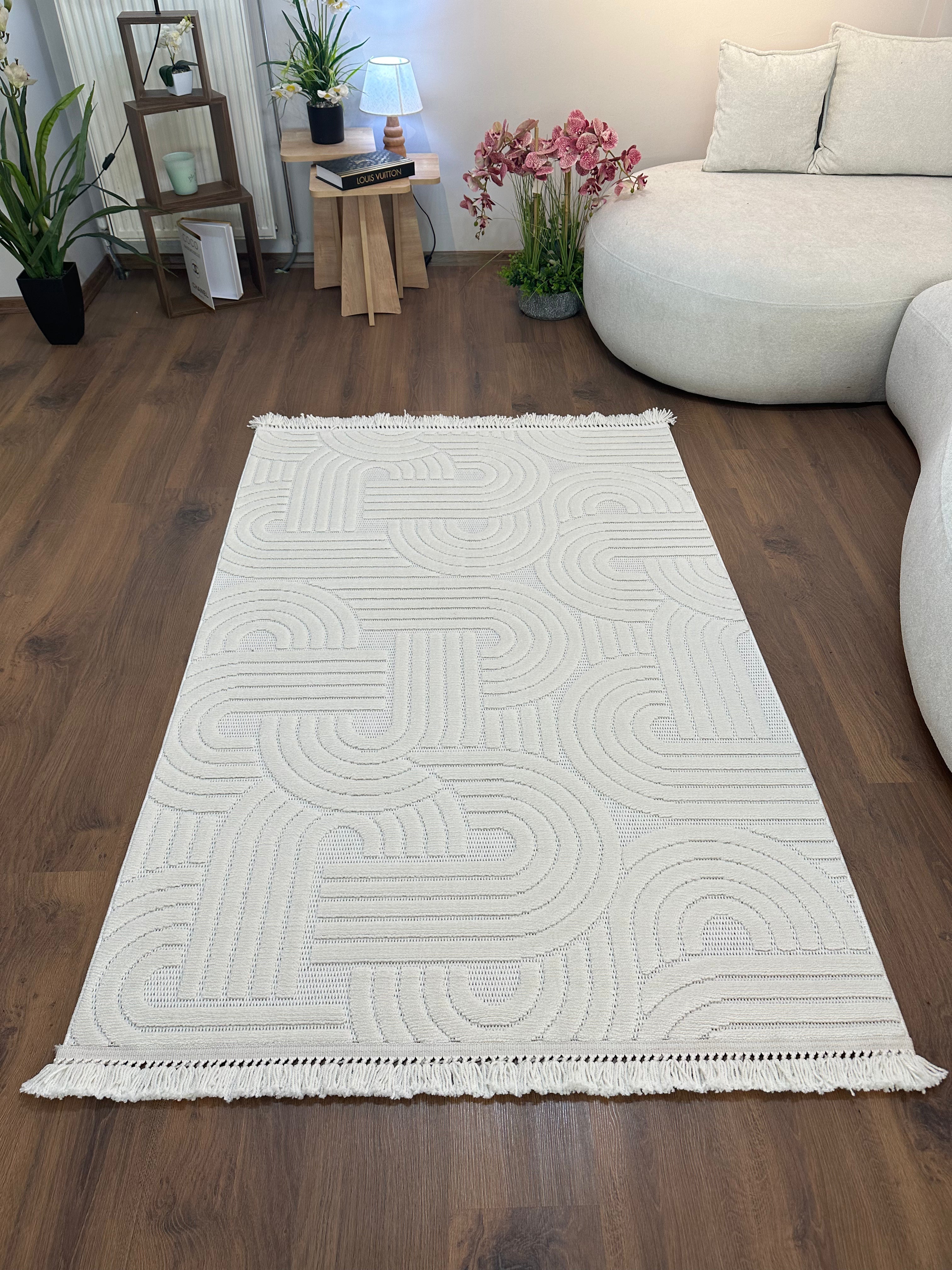 MİLAS C40 KREM Kabartmalı Kaymaz Taban Modern Geometrik Desenli Salon Koridor Mutfak Halısı-KP