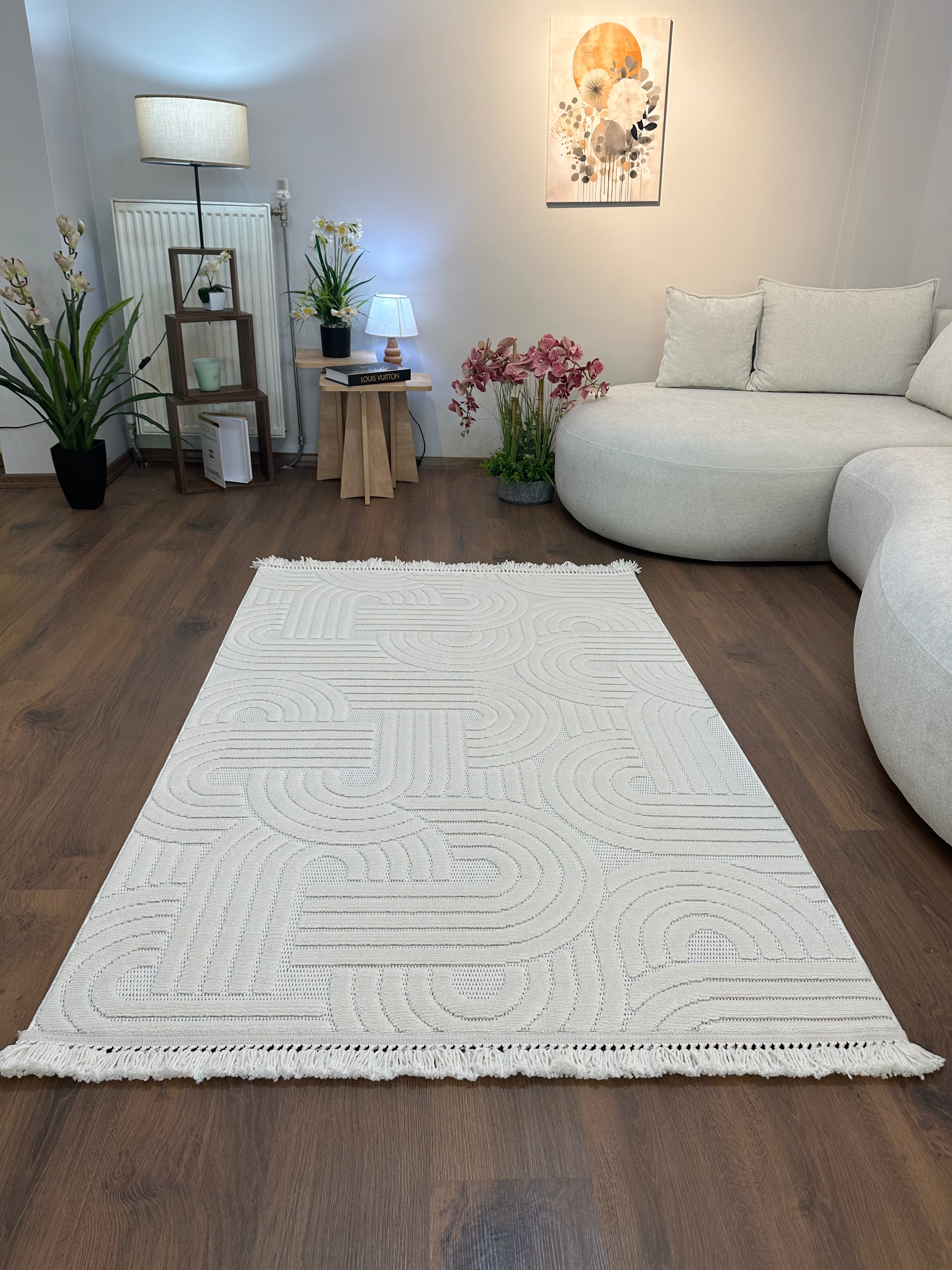 MİLAS C40 KREM Kabartmalı Kaymaz Taban Modern Geometrik Desenli Salon Koridor Mutfak Halısı-KP