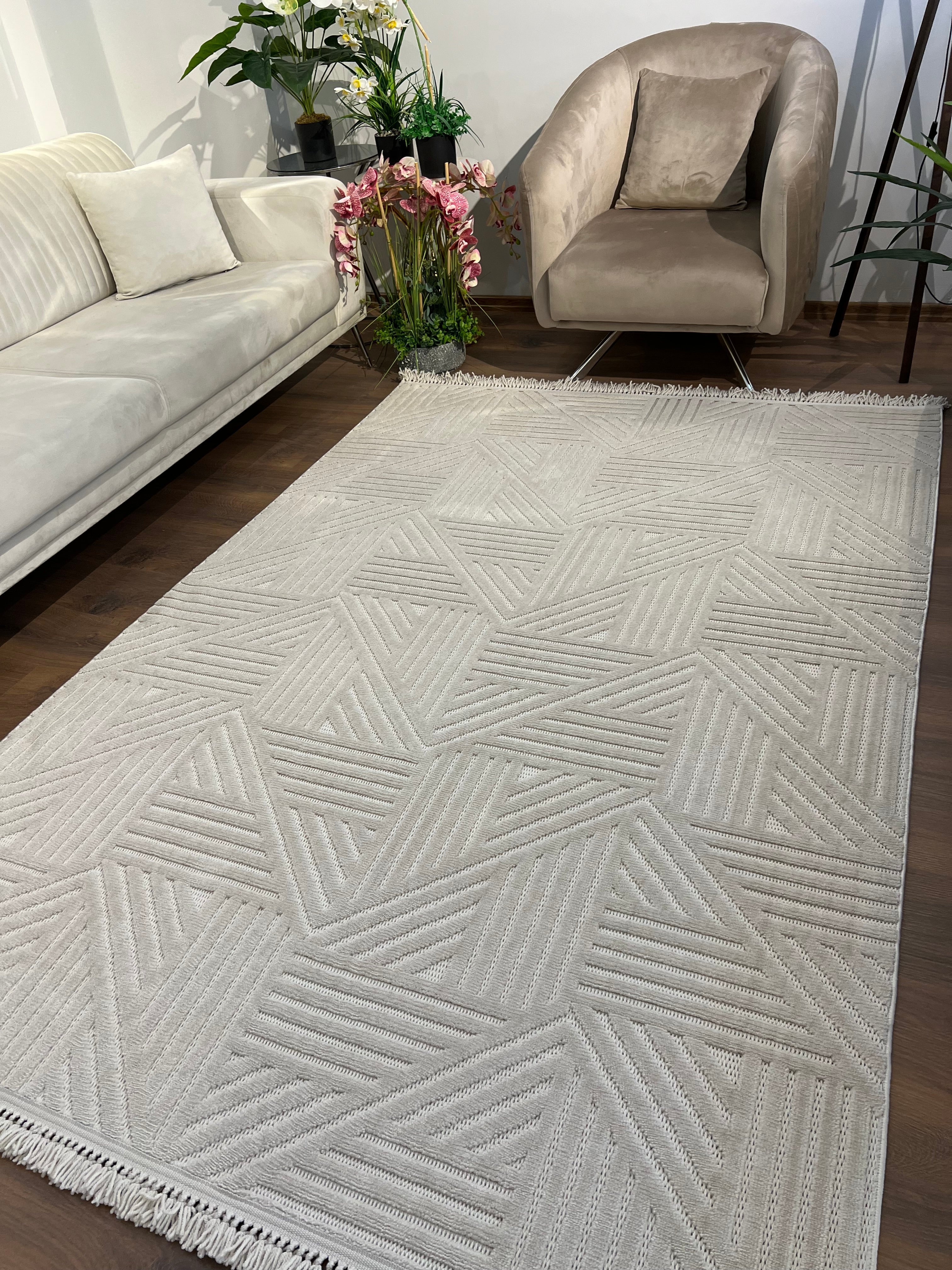 MİLAS C14-BEJ Kabartmalı Modern Geometrik Desenli Salon Koridor Mutfak Halısı