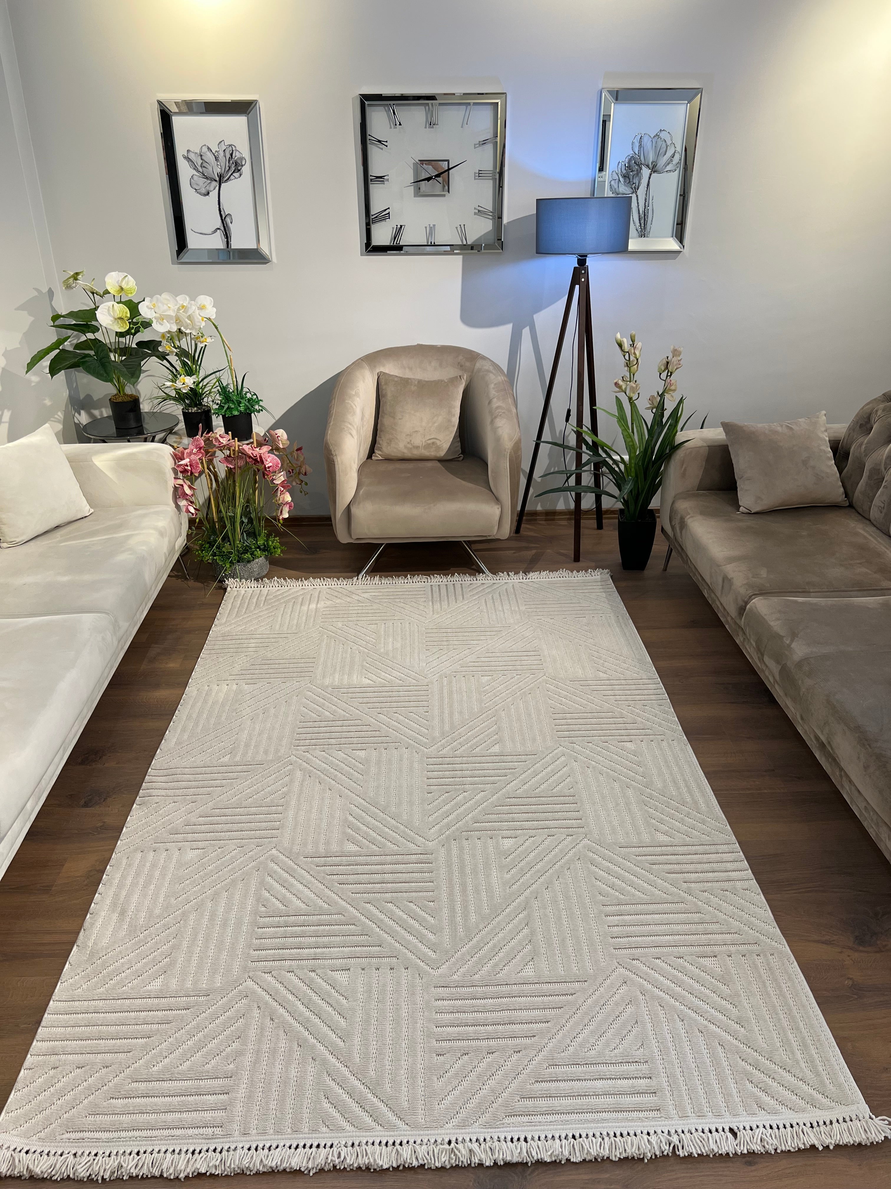 MİLAS C14-BEJ Kabartmalı Modern Geometrik Desenli Salon Koridor Mutfak Halısı