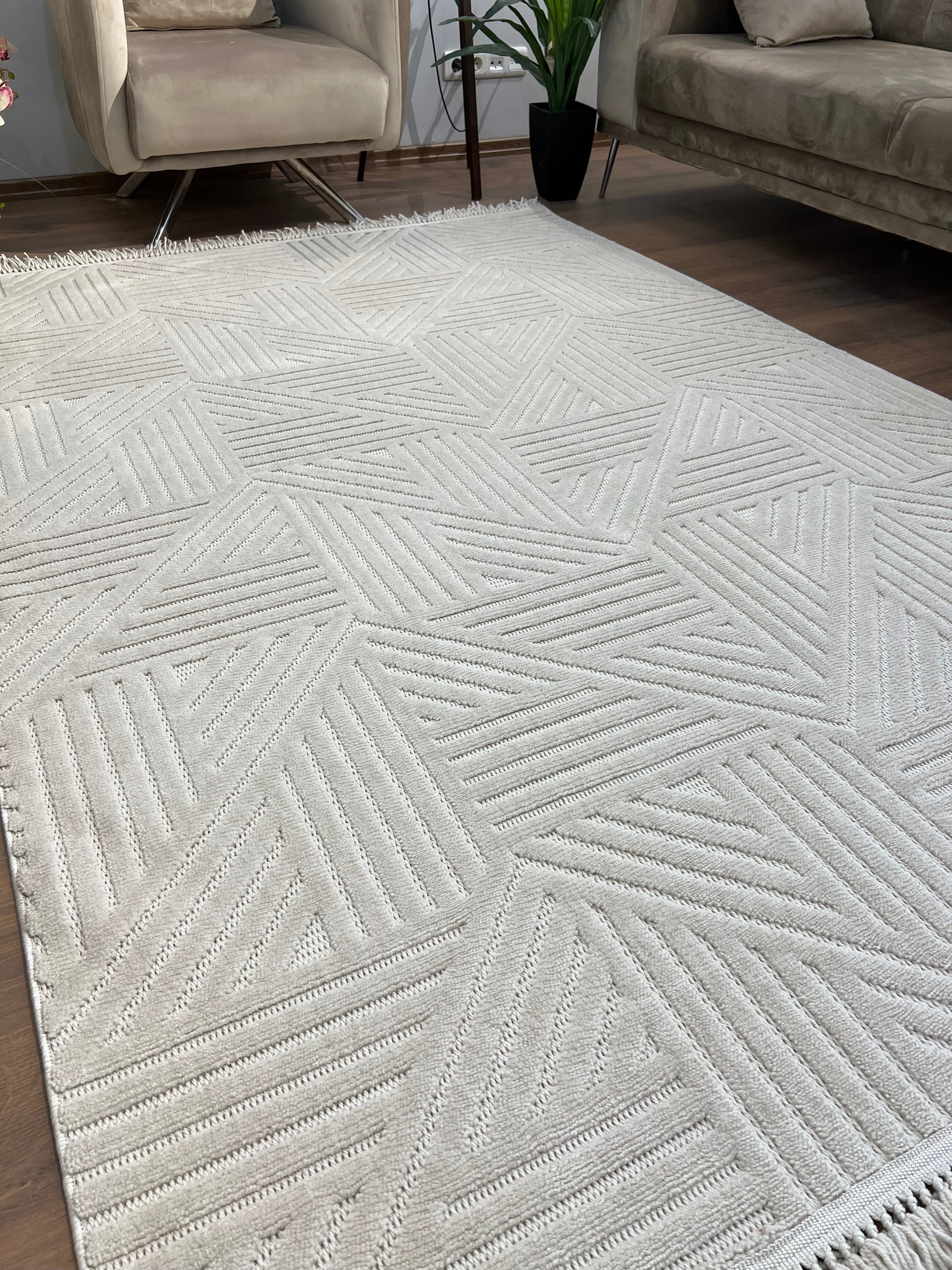 MİLAS C14-BEJ Kabartmalı Modern Geometrik Desenli Salon Koridor Mutfak Halısı