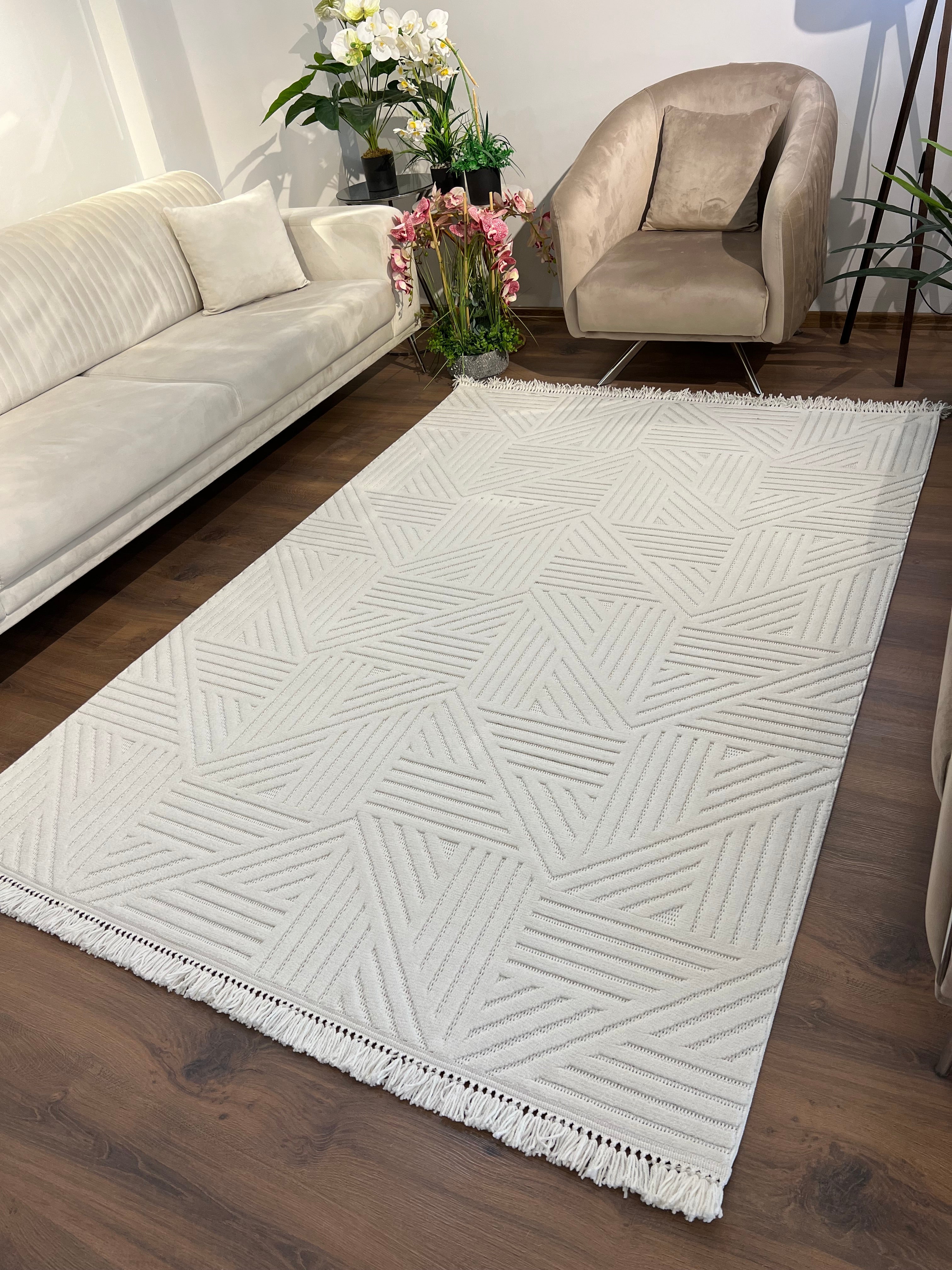 MİLAS C12-KREM Kabartmalı Modern Geometrik Desenli Salon Koridor Mutfak Halısı