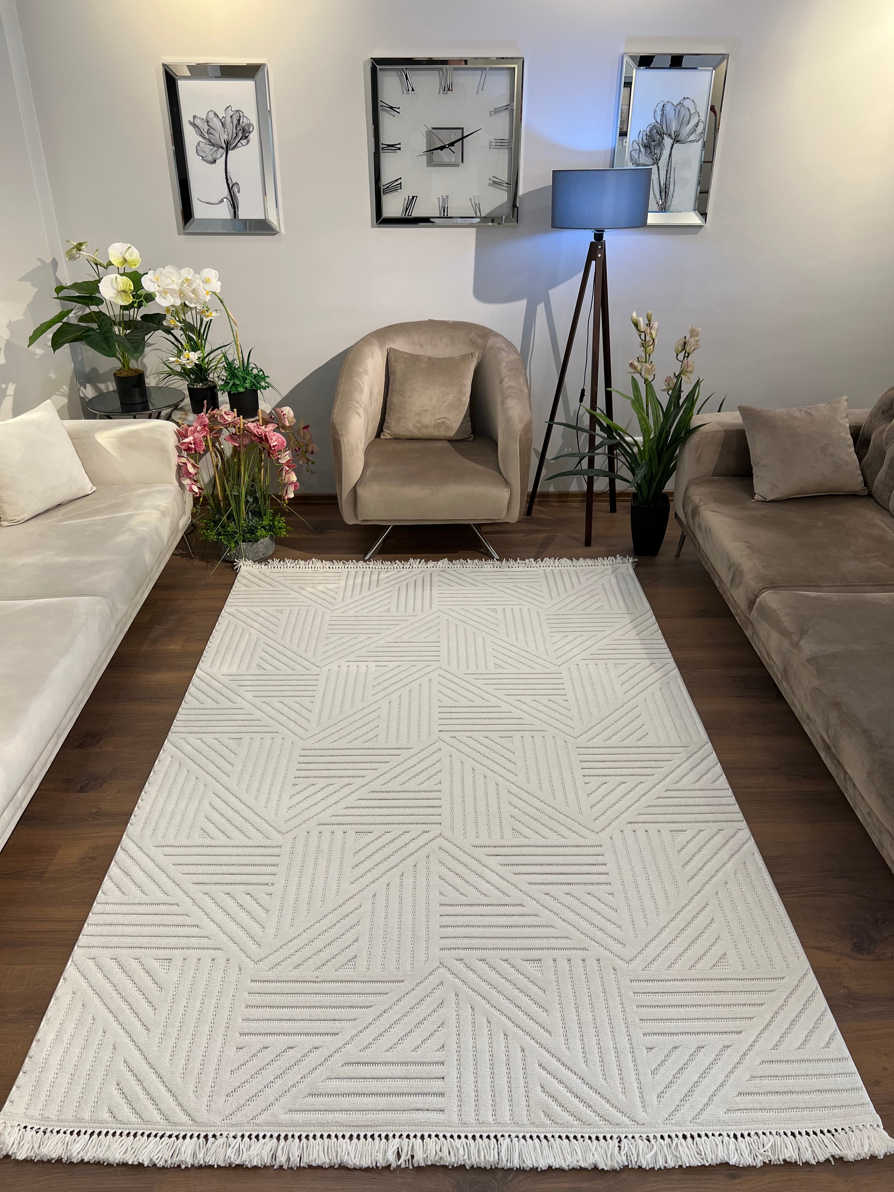MİLAS C12-KREM Kabartmalı Modern Geometrik Desenli Salon Koridor Mutfak Halısı