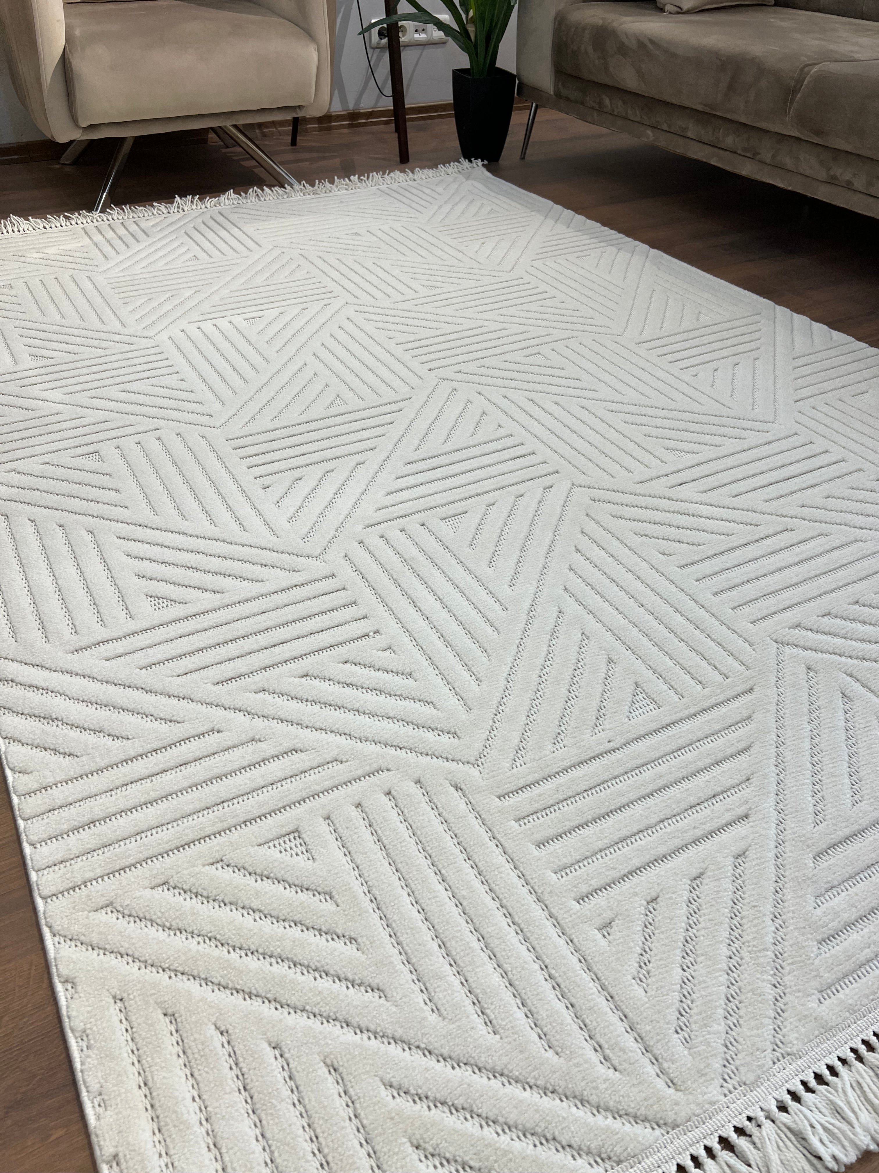 MİLAS C12-KREM Kabartmalı Modern Geometrik Desenli Salon Koridor Mutfak Halısı