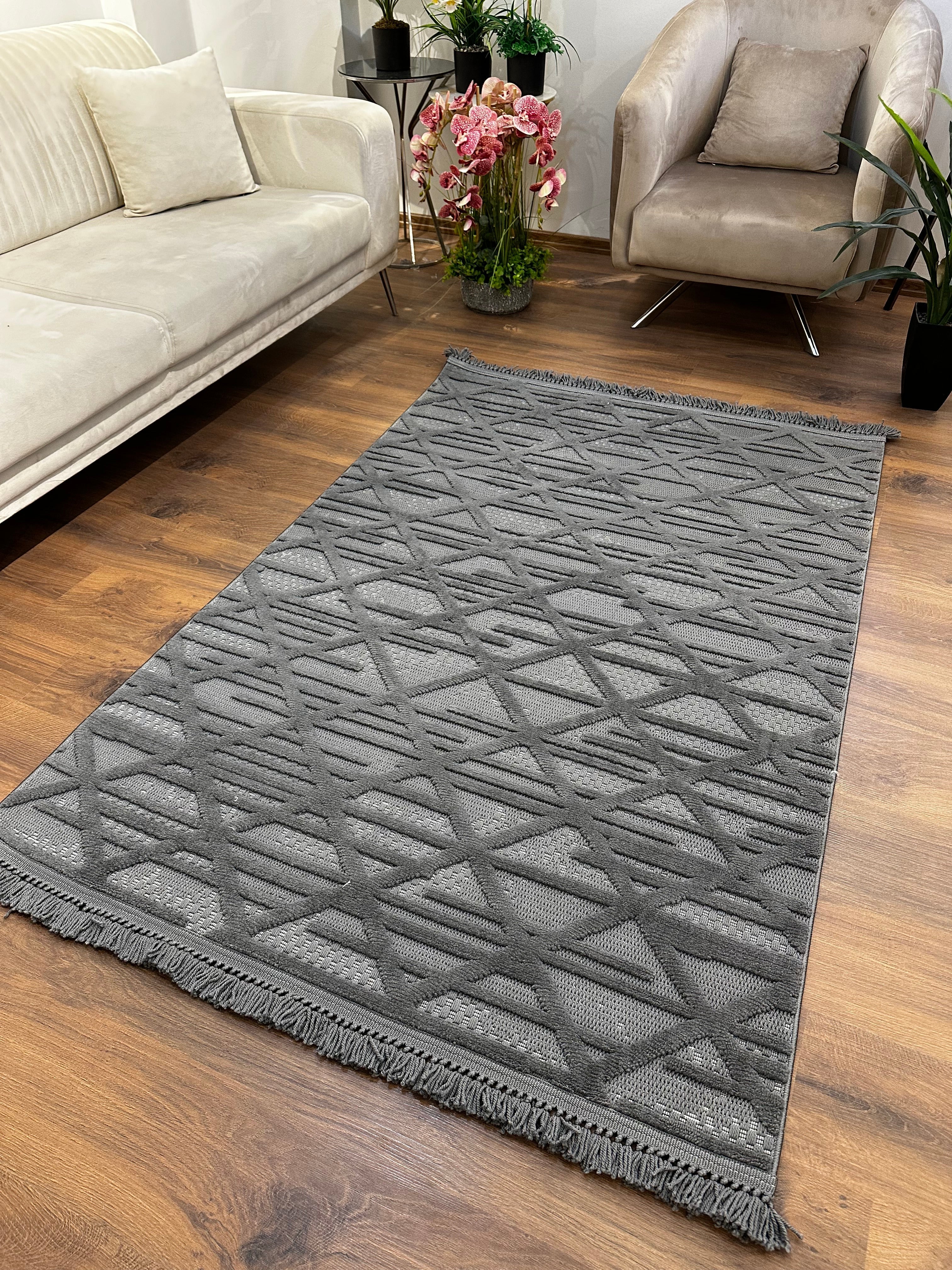 MİLAS C10-ANTRASİT Kabartmalı Modern Geometrik Desenli Salon Koridor Mutfak Halısı