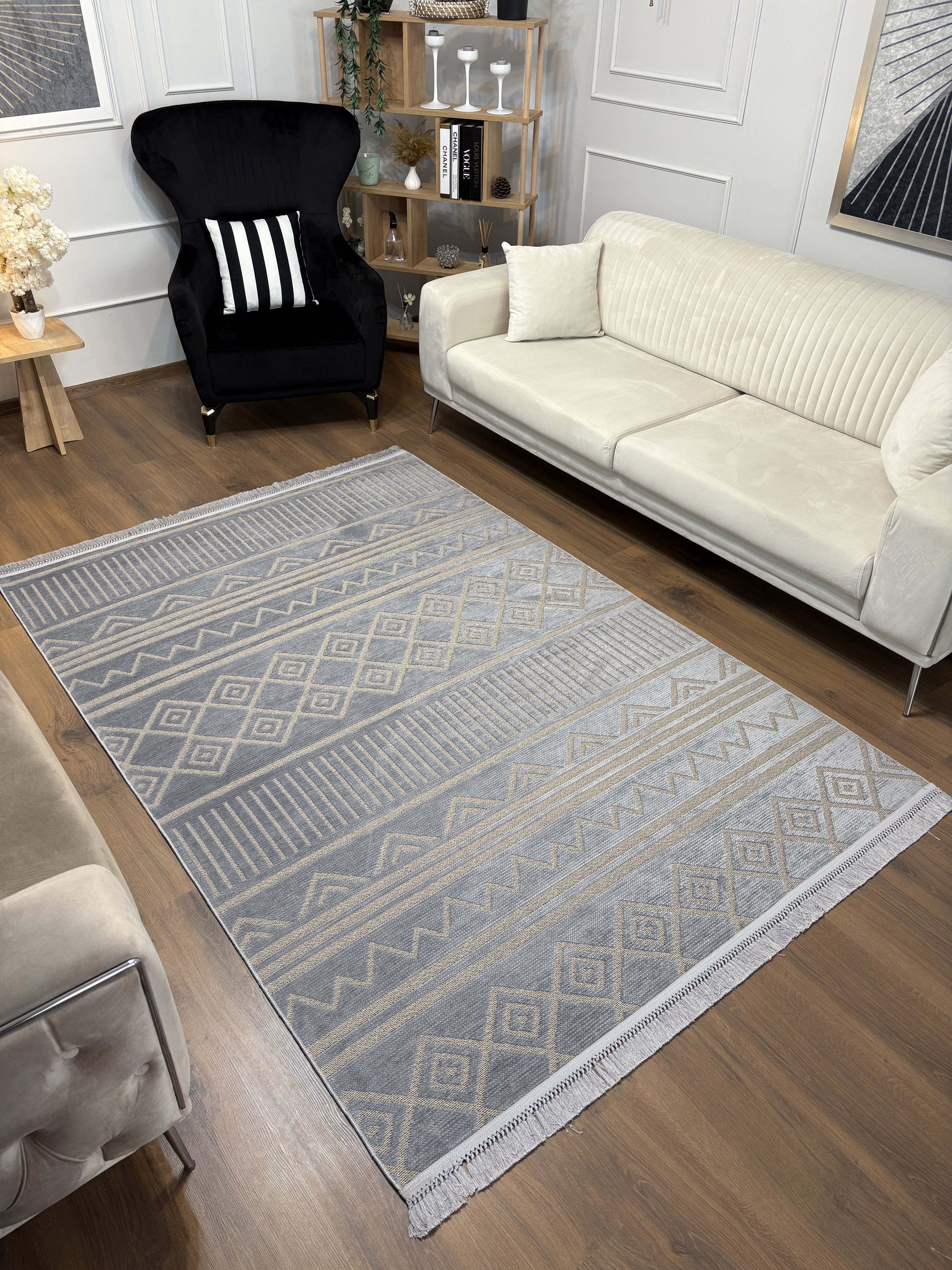 ŞÖNİL KAPADOKYA Kaymaz Taban İskandinav Desenli Salon Koridor Mutfak Şönil Kilim Dokuma Halı-GRİ