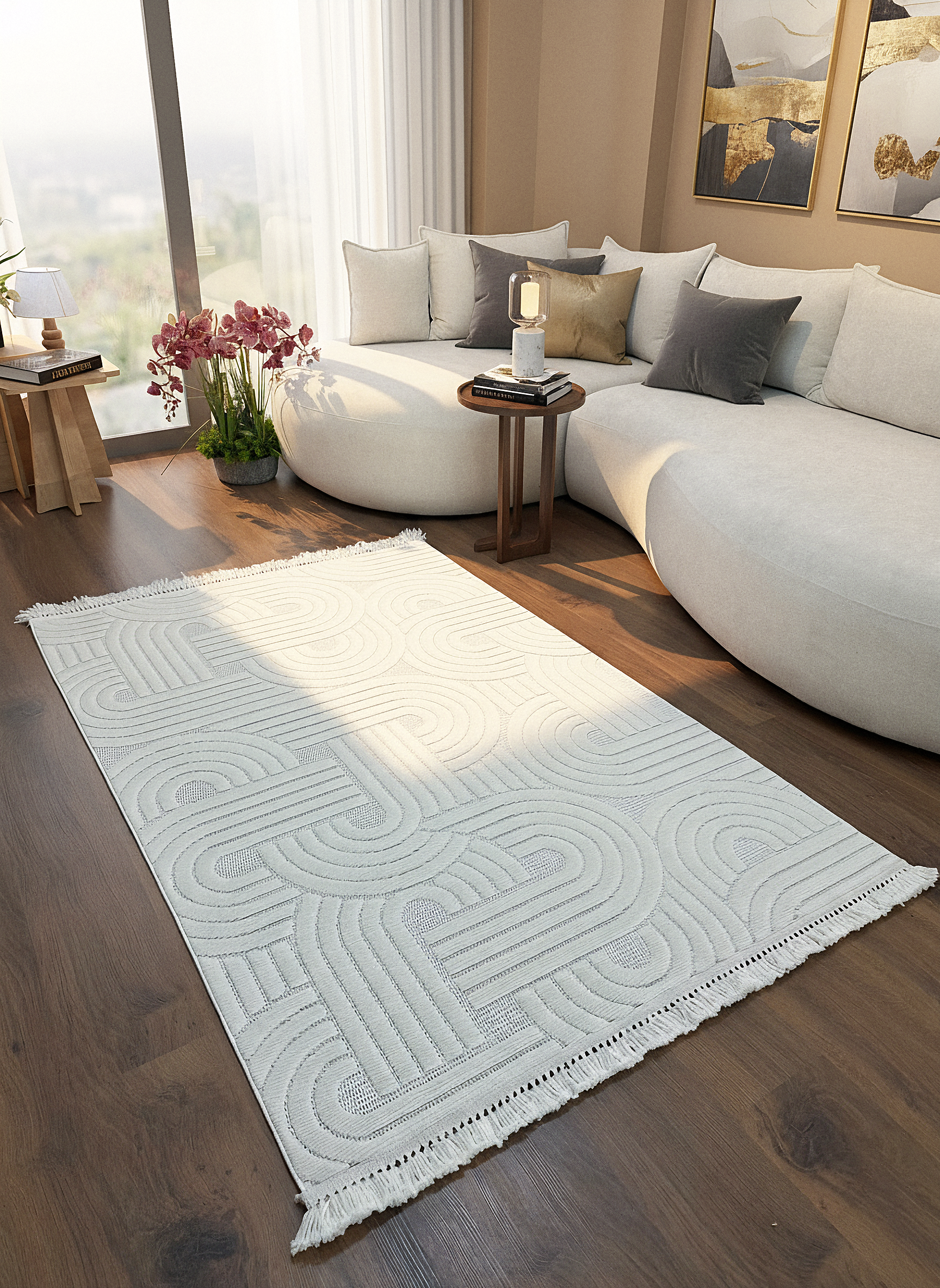 MİLAS C40-BEJ Kabartmalı Modern Geometrik Desenli Salon Koridor Mutfak Halısı