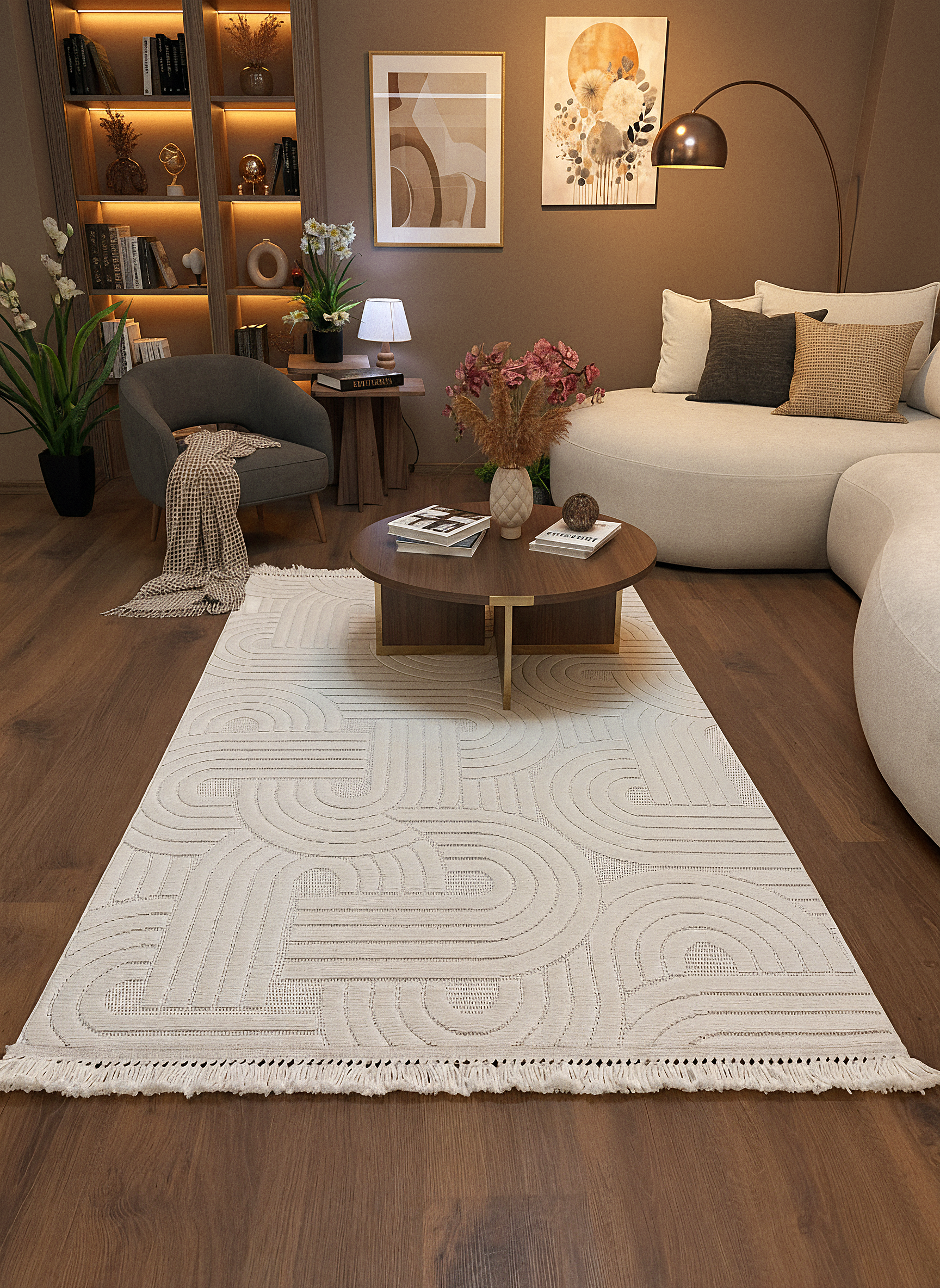 MİLAS C40-BEJ Kabartmalı Modern Geometrik Desenli Salon Koridor Mutfak Halısı