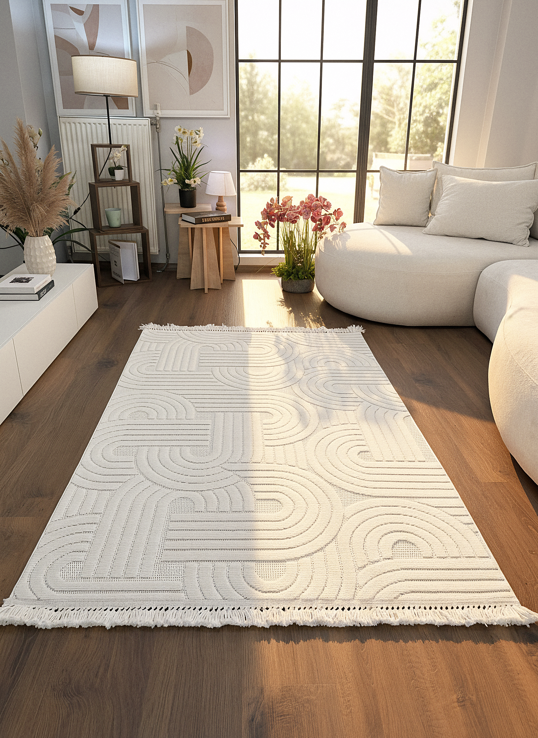 MİLAS C40-BEJ Kabartmalı Modern Geometrik Desenli Salon Koridor Mutfak Halısı