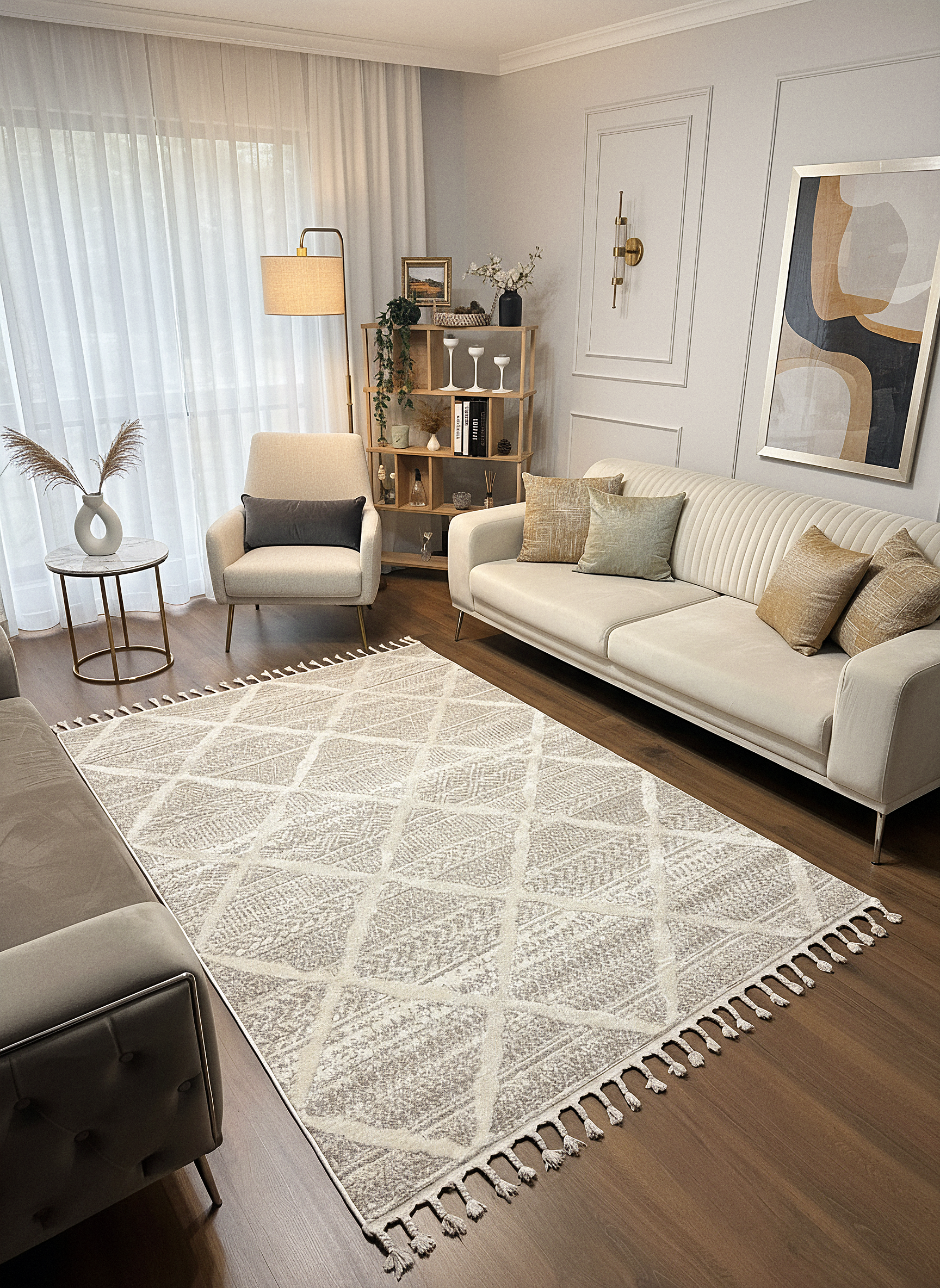 PALERMO A-10692 KREM KSık Dokuma Modern Geometrik Desenli Salon Koridor Mutfak Halısı