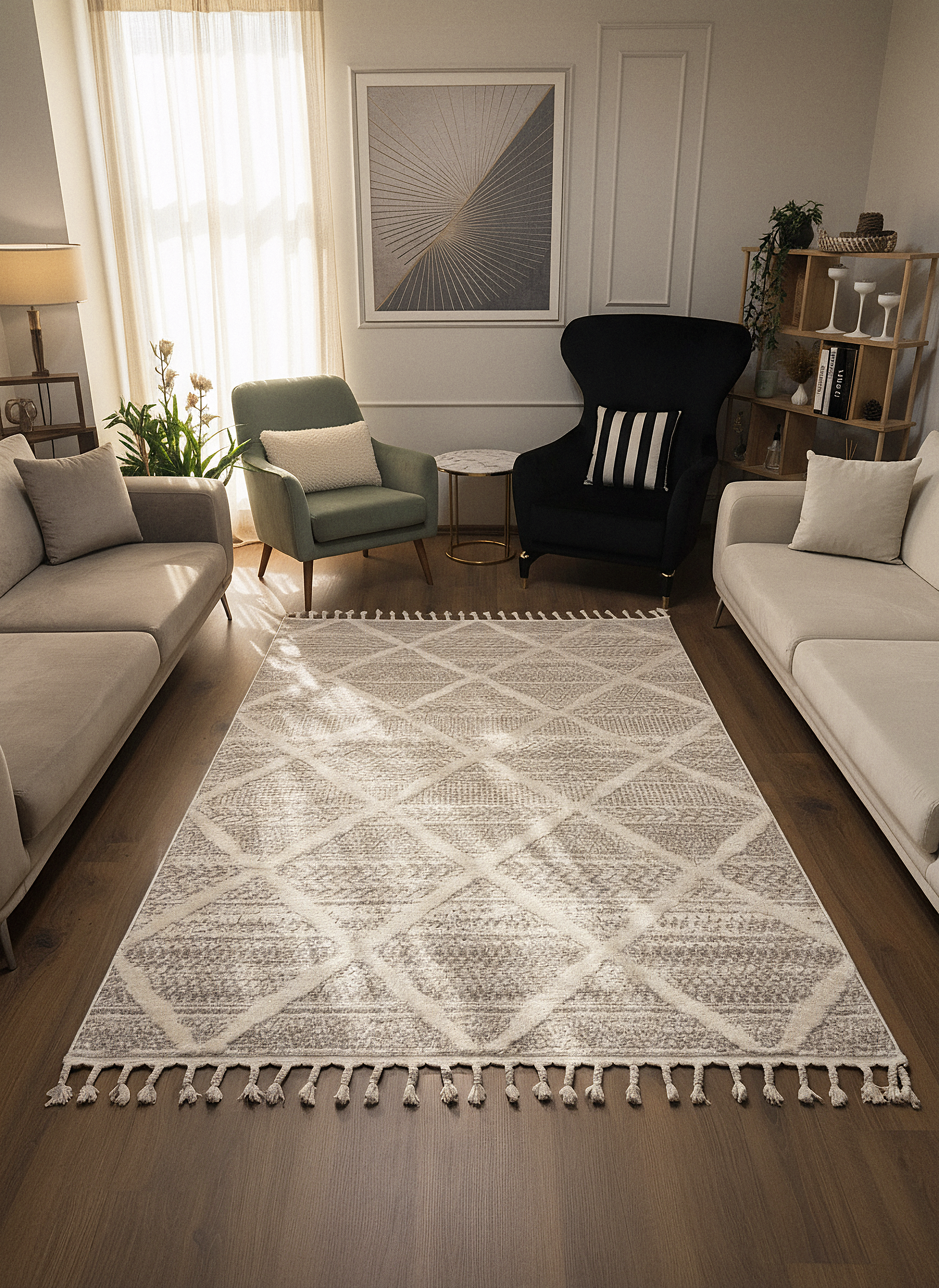 PALERMO A-10692 KREM KSık Dokuma Modern Geometrik Desenli Salon Koridor Mutfak Halısı
