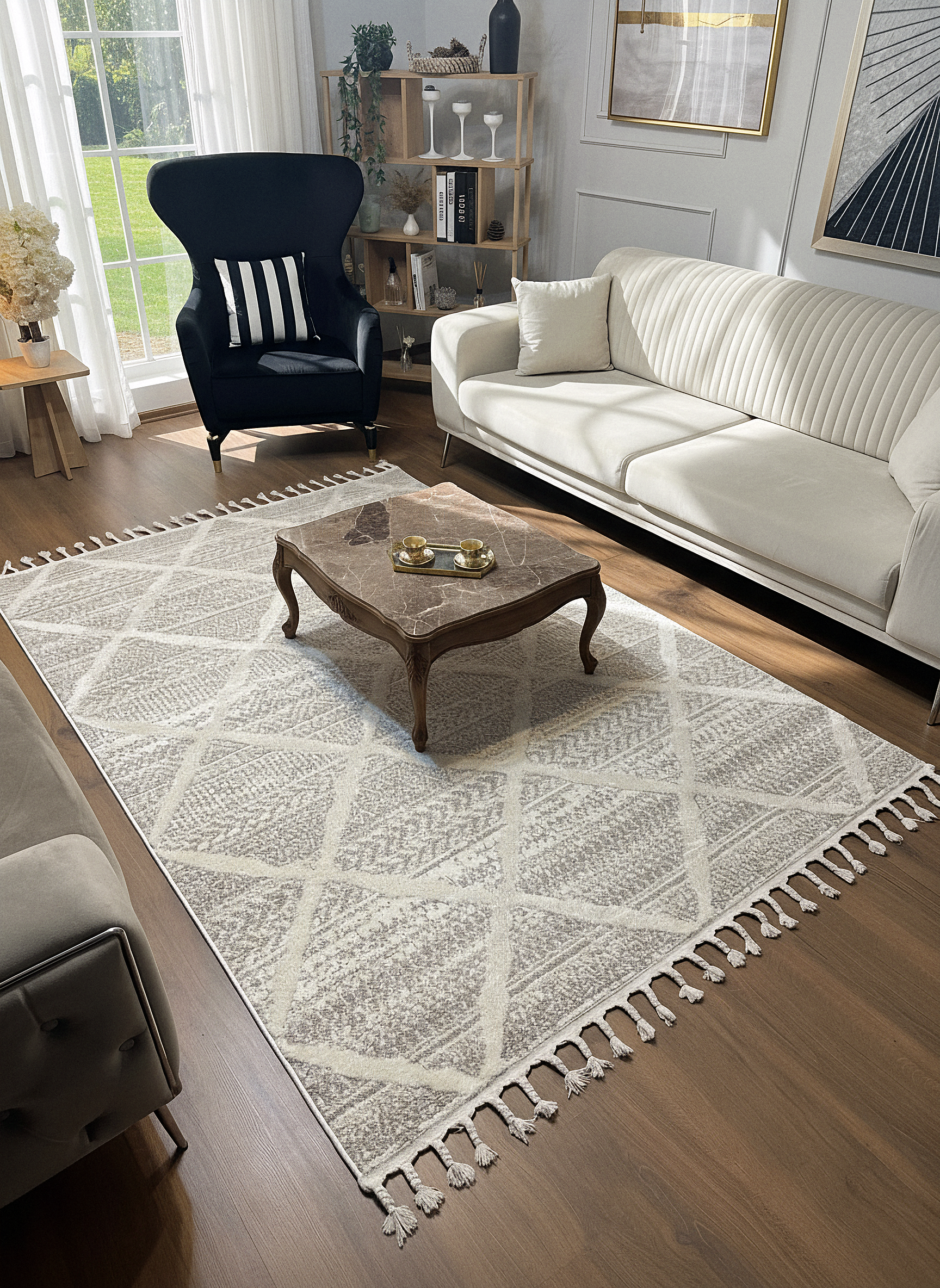PALERMO A-10692 KREM KSık Dokuma Modern Geometrik Desenli Salon Koridor Mutfak Halısı