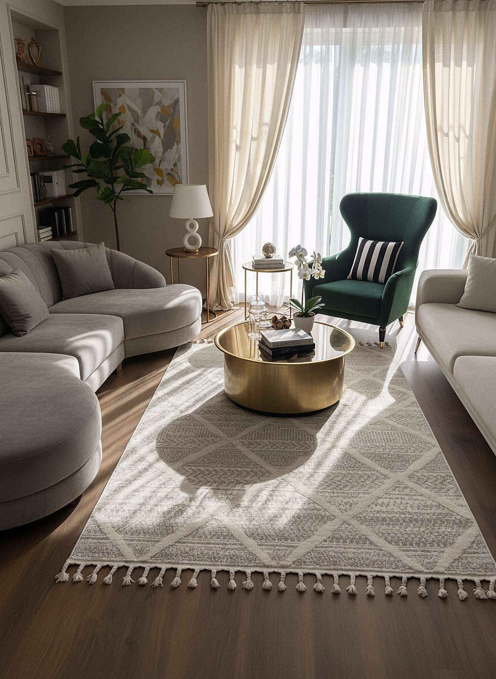 PALERMO A-10692 KREM KSık Dokuma Modern Geometrik Desenli Salon Koridor Mutfak Halısı