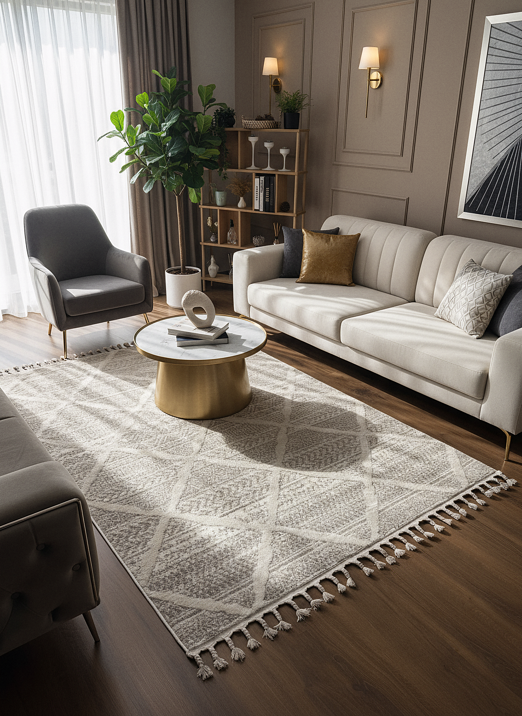 PALERMO A-10692 KREM KSık Dokuma Modern Geometrik Desenli Salon Koridor Mutfak Halısı