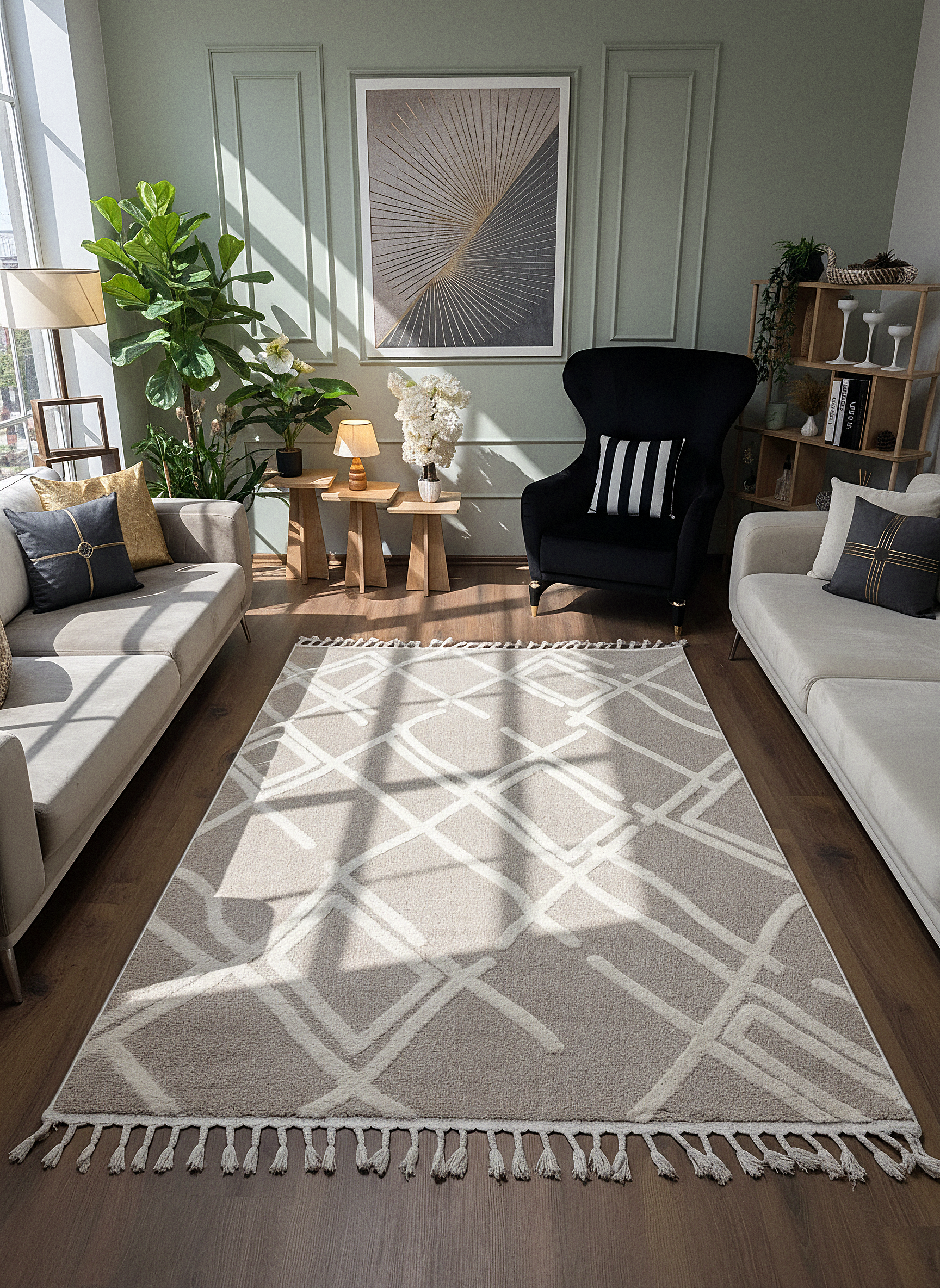 PALERMO A-11891 BEJ Sık Dokuma Modern Geometrik Desenli Salon Koridor Mutfak Halısı