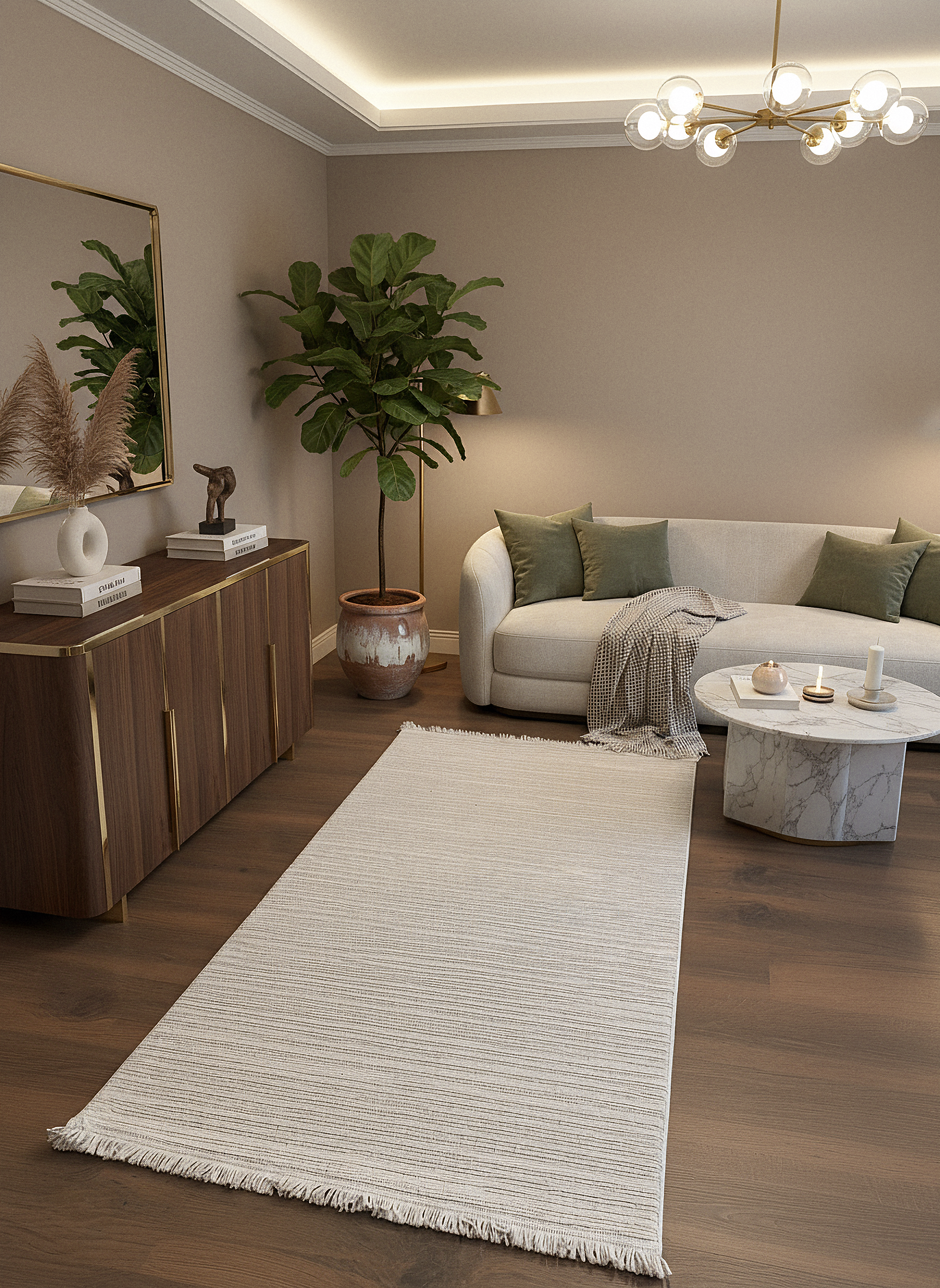 PALERMO C1-BEJ Sık Dokuma Modern Geometrik Desenli Salon Koridor Mutfak Halısı