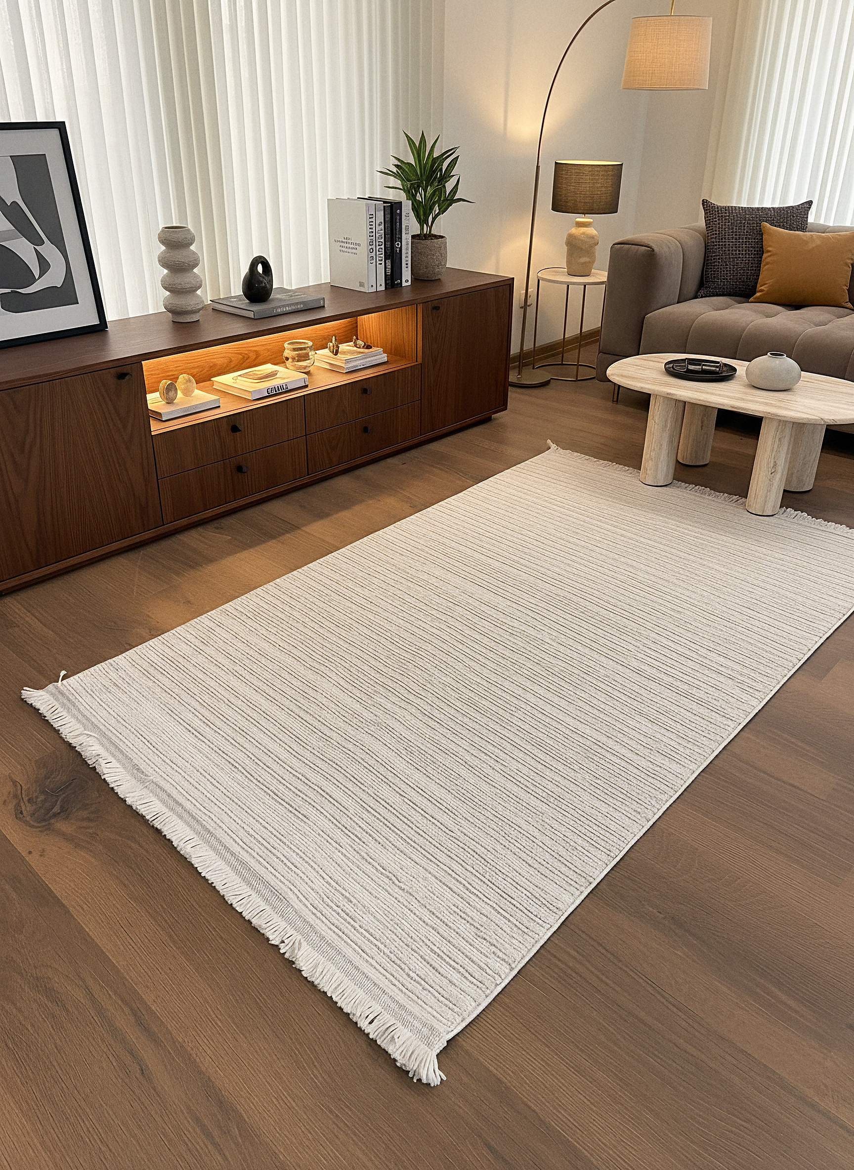 PALERMO C1-BEJ Sık Dokuma Modern Geometrik Desenli Salon Koridor Mutfak Halısı