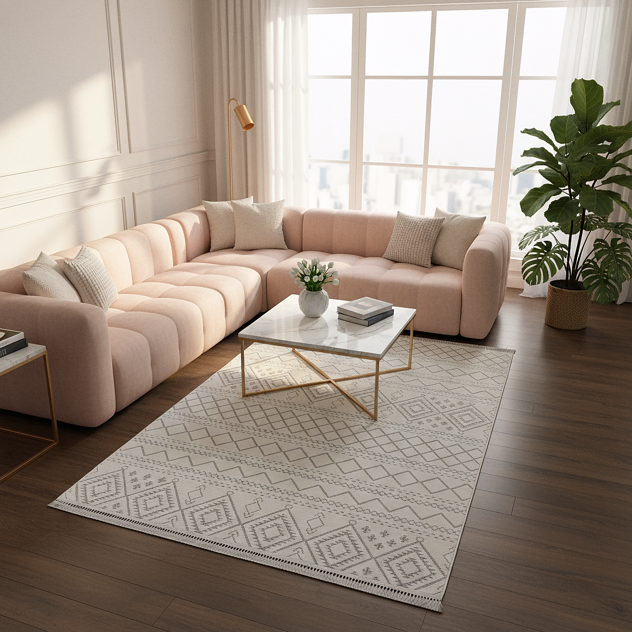 ŞÖNİL KAPADOKYA-KREM Makinede Yıkanabilir İskandinav Desenli Salon Koridor Mutfak Şönil Dokuma Halı