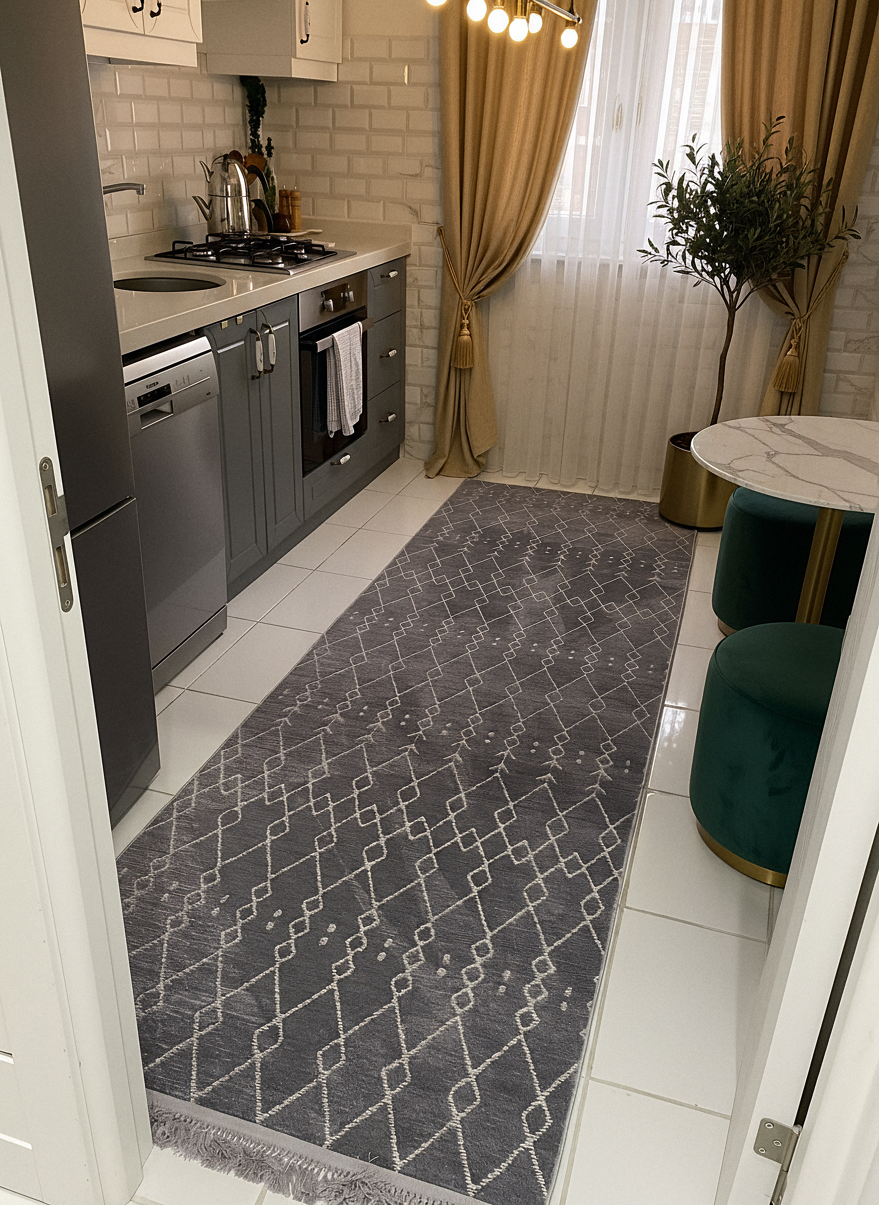 ŞÖNİL MODERN - GRİ Makinede Yıkanabilir İskandinav Desenli Salon Koridor Mutfak Şönil Dokuma Halı