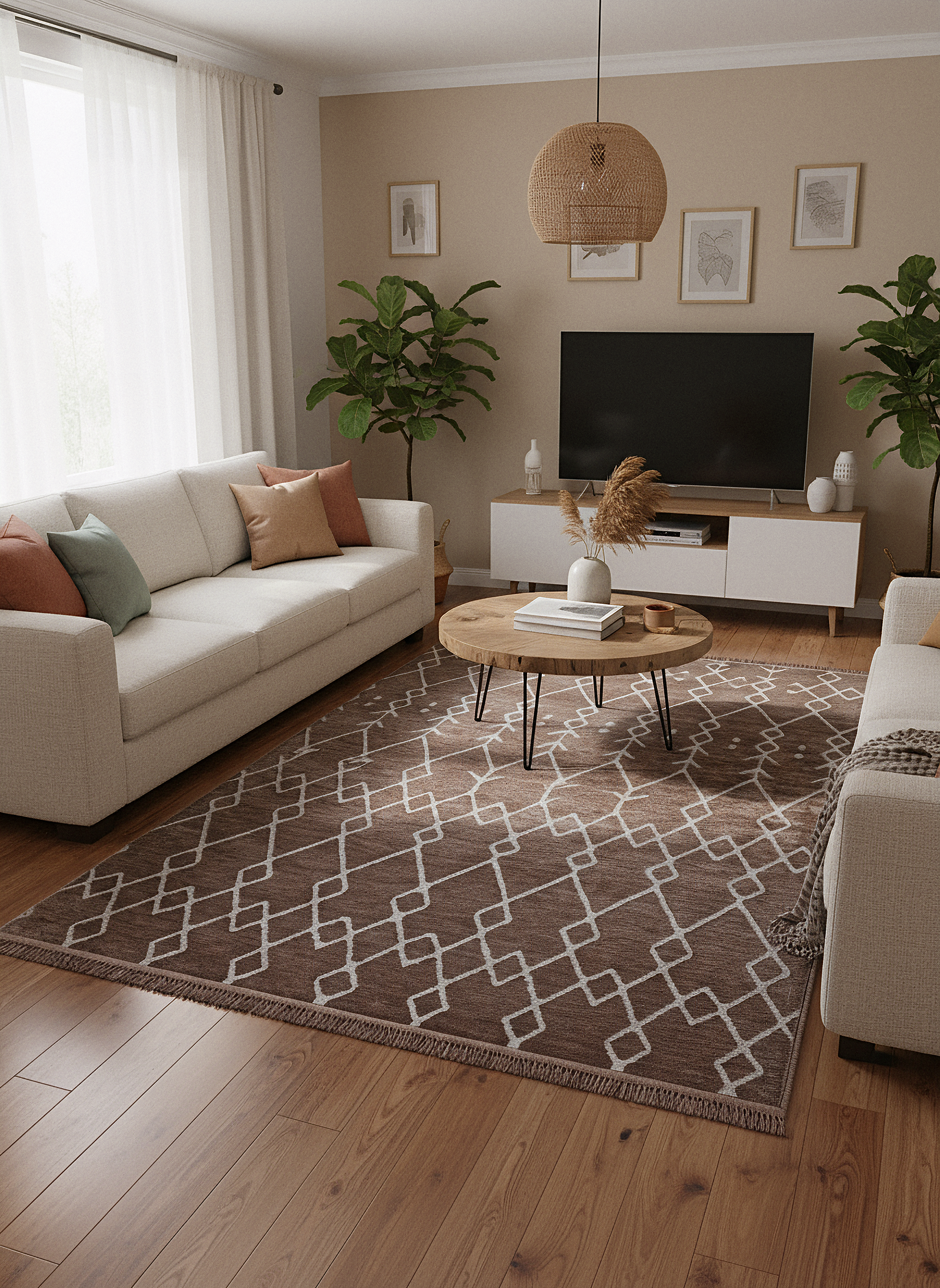 ŞÖNİL MODERN - KAHVE Makinede Yıkanabilir İskandinav Desenli Salon Koridor Mutfak Şönil Dokuma Halı